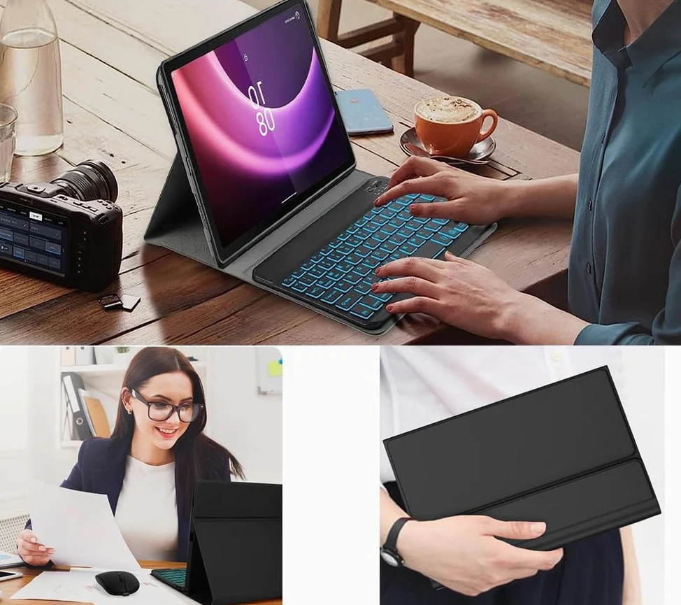 Custodia con tastiera per Lenovo Yoga Tab da 11,1 pollici, tablet 2025 con tastiera a 7 colori, magnetica, wireless, Bluetooth, rimovibile, QWERTZ tedesco, colore nero