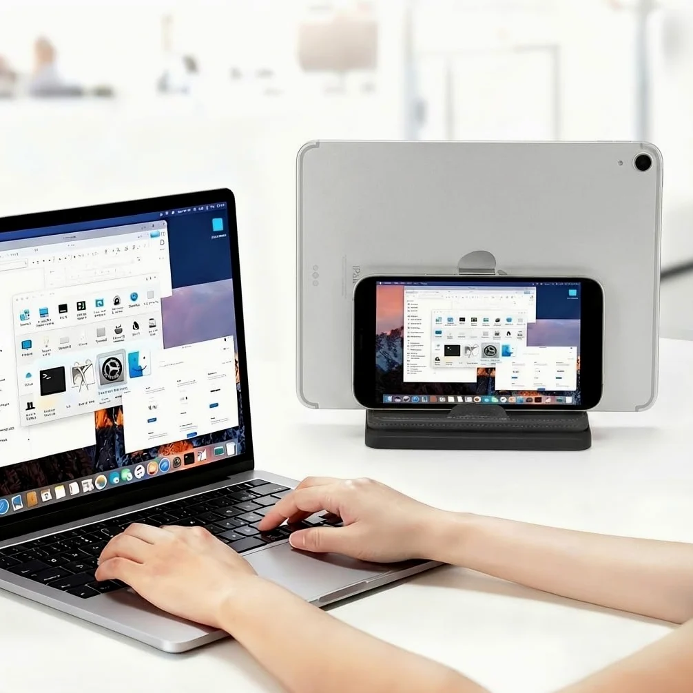 Supporto verticale doppio per laptop, 3 in 1, supporto verticale da scrivania con dock regolabile (fino a 43,3 cm), organizer da scrivania in pelle per telefono, tablet, MacBook, HP, Dell, Chrome Book