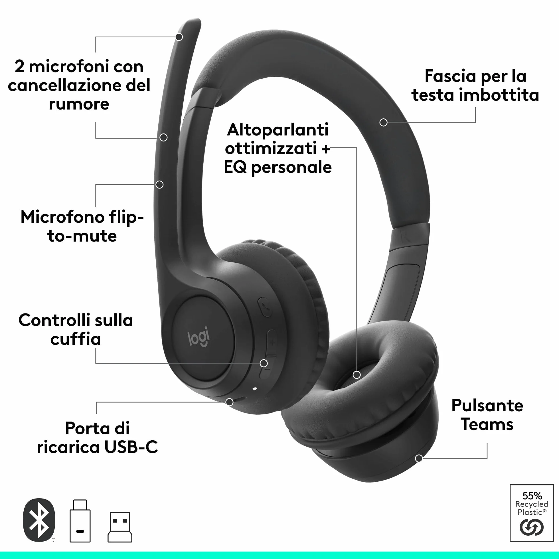 Logitech Zone 305 per aziende, cuffia con microfono wireless Bluetooth, per Microsoft Teams, compatibile con Windows, Mac, Chrome, Linux, iOS, iPadOS, Android - Nero