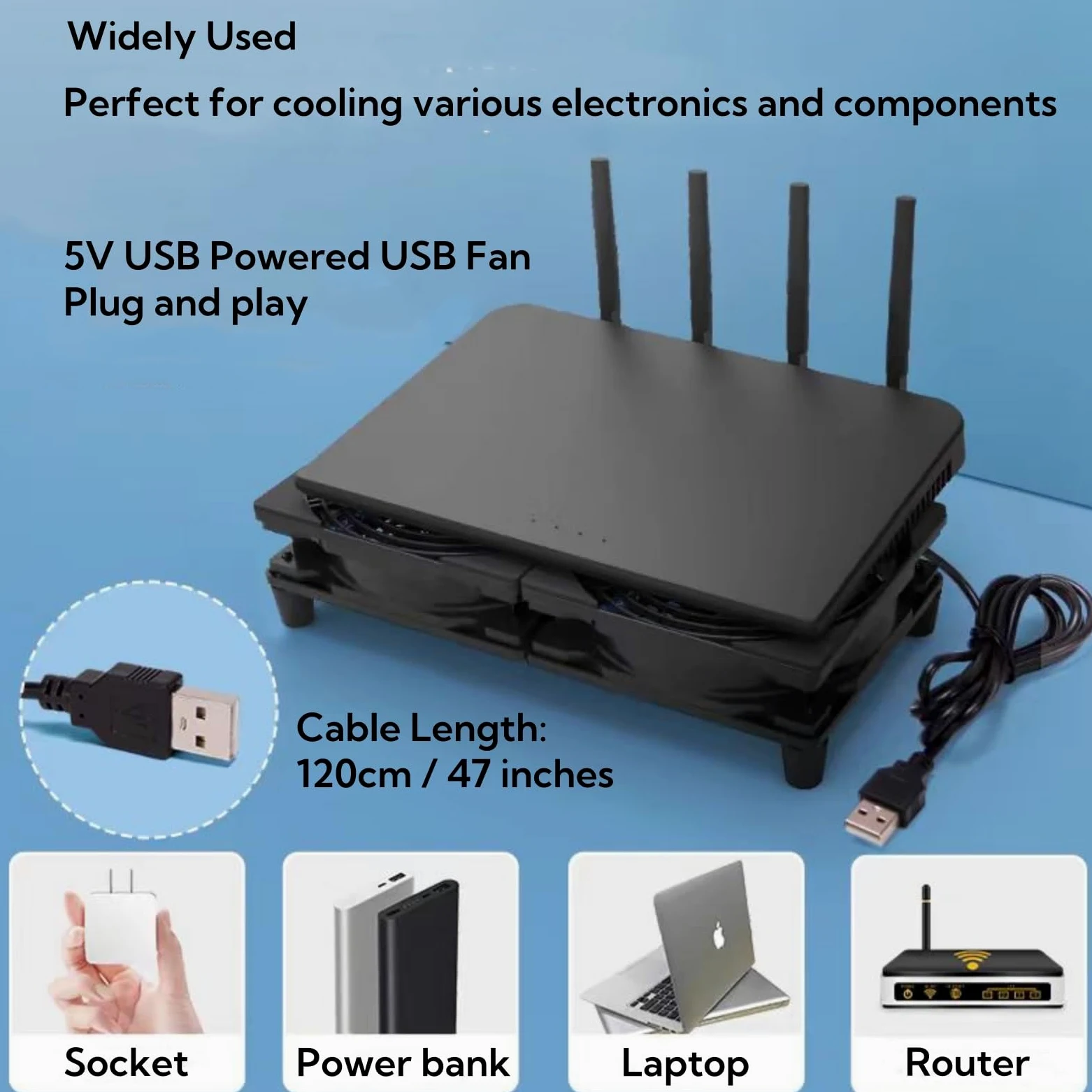 Ventola di raffreddamento silenziosa doppia USB da 5 V, 120 mm x 2 con cavo da 1200 mm, 76 CFM, raffreddamento del flusso d'aria per router, computer, Mac Mini, PlayStation, rack fai da te per