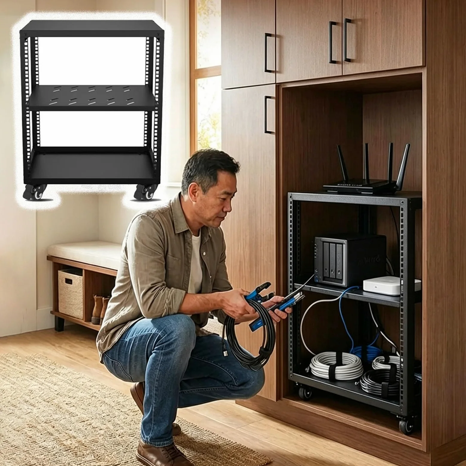 Vibeo Rack di Rete a Telaio Aperto Rack per Server Ventilato con Ripiani e 4 Ruote, Rack di Rete a Telaio Aperto 12U 16U 20U, Sistema Rack Audio per Apparecchiature di Rete da 48 cm(12U,1 Tier)
