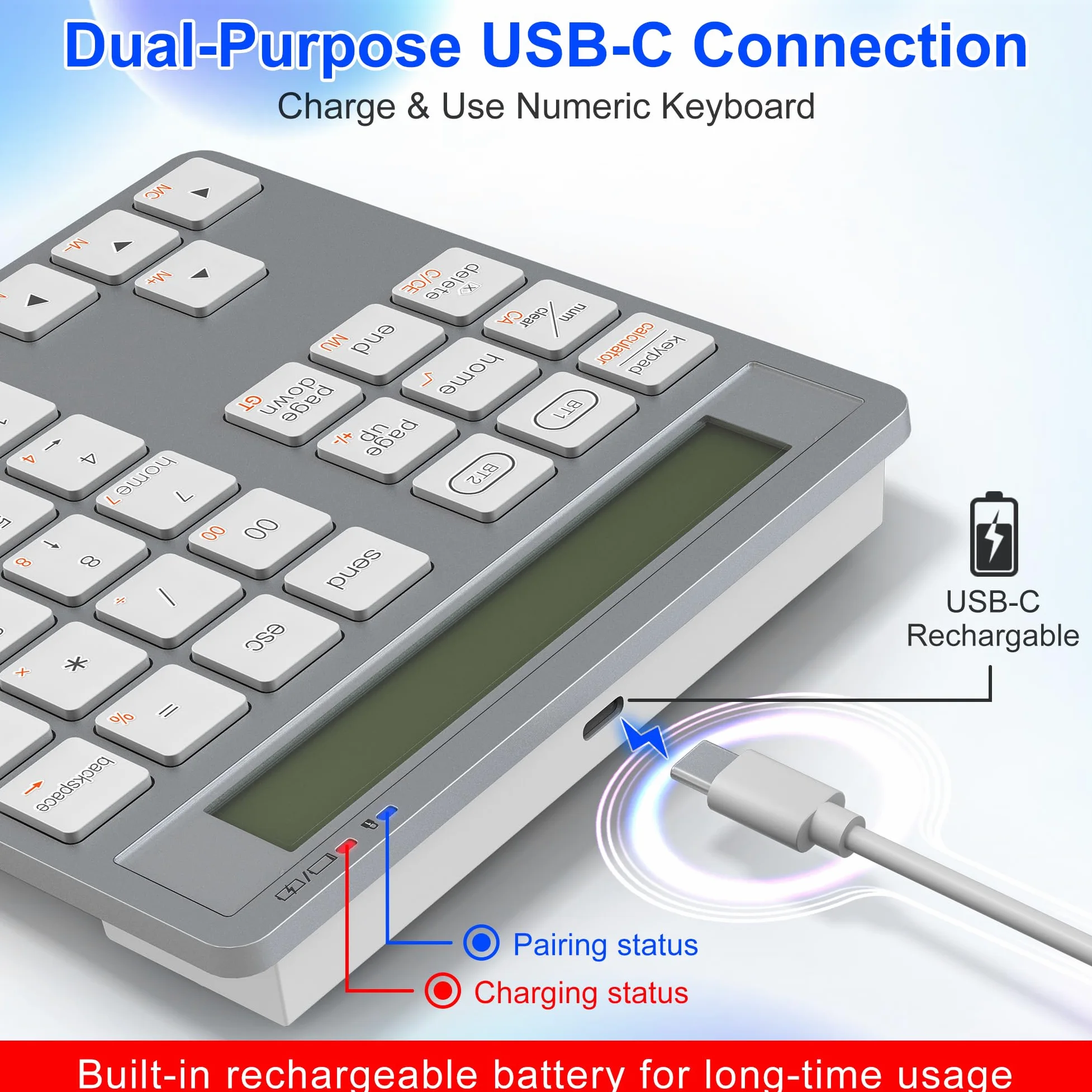 Rytaki Pro ​​Tastierino Numerico Wireless con Calcolatrice - 34 Tasti Tastierino Numerico Bluetooth per mac/PC/Laptop/MacBook/Windows/iOS e Android​（Ricarica USB-C）