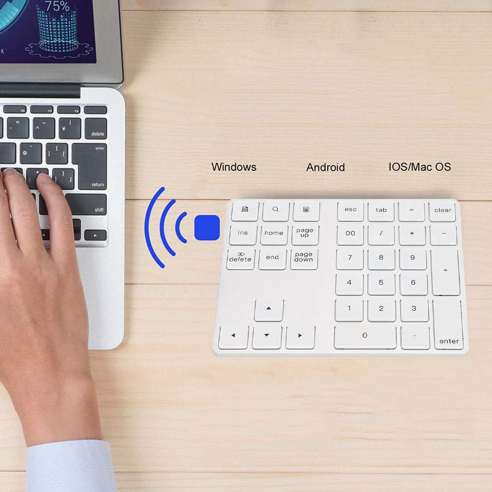 Tastiera Numerica Wireless, Tastierino Numerico Portatile a 34 Tasti con HUB Type-C USB 3.0 per Android(Argento)