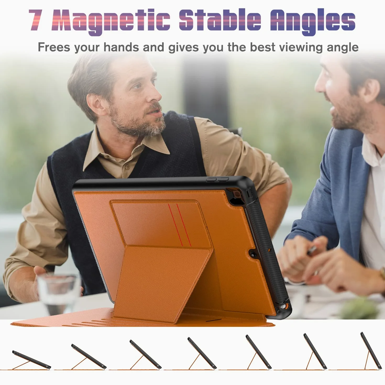 DAORANGE Custodia per iPad 9a/ 8a/ 7a Generazione 10.2 Pollici, Cover in PU-Pelle a Protezione Completa con 7 Angoli Regolabili Magnetico, Tasca per Pencil, Funzione Auto Svegliati/Sonno(Marrone)