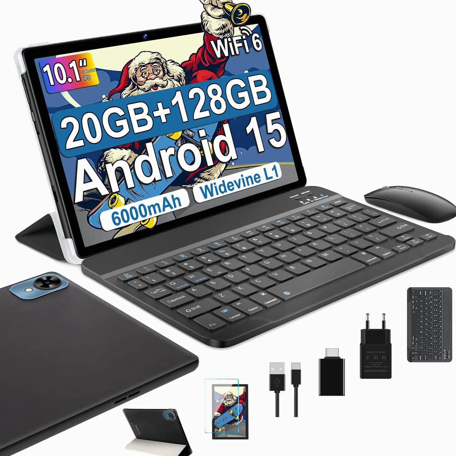 fezawio Tablet 10 Pollici Android 15, 20GB RAM+128 ROM, Widevine L1, Nero | con Tastiera, Mouse e Custodia, Octa-Core, WiFi 5G, BT5.0, 8MP+5MP, 6000mAh