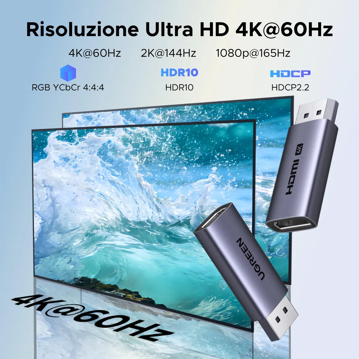 UGREEN 2 Pezzi Adattatore da DisplayPort a HDMI 4K 60Hz 2K 144Hz 1080P Unidirezionale 18Gbps Convertitore da DP maschio a HDMI femmina 3D Alluminio Compatibile con Laptop HDTV Monitor e Proiettori