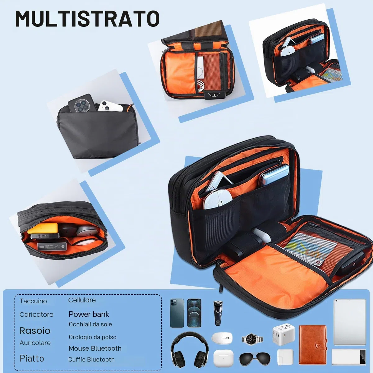 Teskyer Borsa Organizer Cavi - Portatile, Grande Capacità, Impermeabile, Borsa per gadget da viaggio, Accessori da viaggio, 25 x 17 x 8 cm, Nero