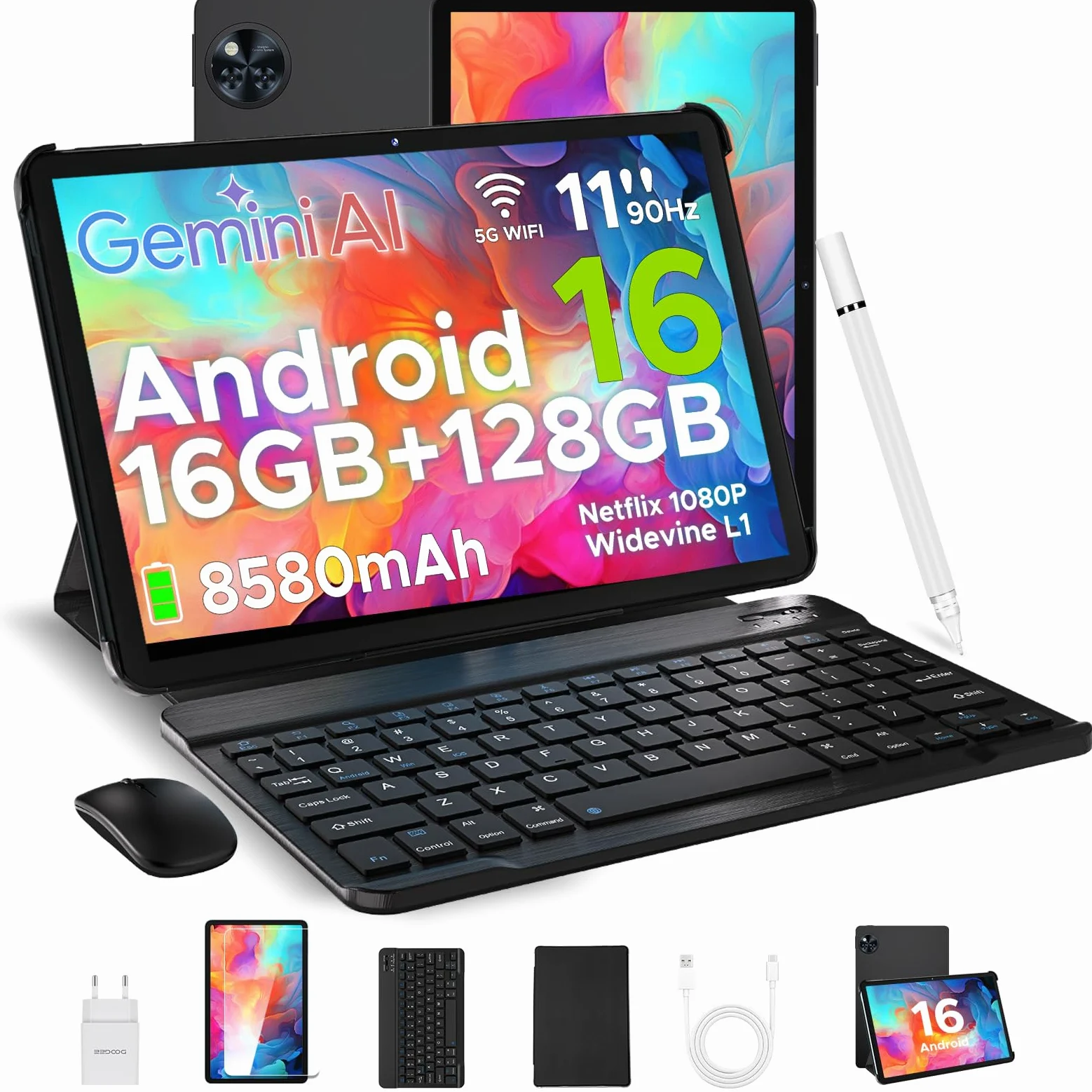 U11 Android 16 Tablet 11 Pollici Gemini AI, 16GB+128GB/2TB TF , 90Hz, 8580mAh, Gaming Tablets Unisoc T7200 Octa Core/13MP+5MP/Widevine L1/WiFi 5/Face ID, Tablet con Tastiera,Penna, Mouse, Case - Nero