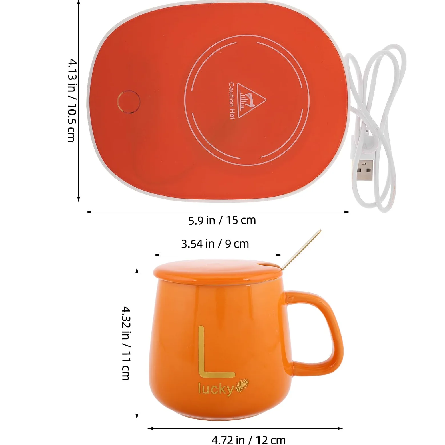 SHINEOFI Set Scaldatazze da Caffè Elettrico con Tazza Termica Arancione Coperchio e Cucchiaio Riscaldamento USB 5V per Casa e Ufficio Tazza Riscaldante Multifunzione per Tè e Latte