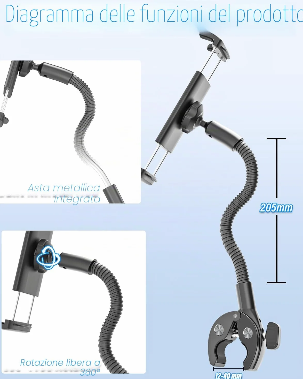 Tapis Roulant Cyclette Spin Bike Supporto - [Metallo a Collo Oca], Supporto Tablet Moto, Porta Bicicletta per iPad 2024 iPad Mini Air, 4.7-12.9" Tablet Cellulari