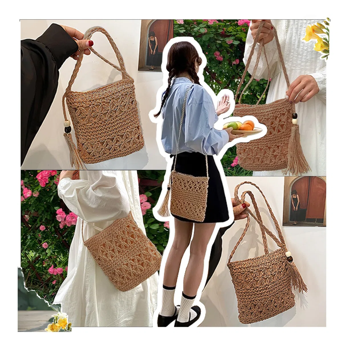 Moda Classica Pochette Donna, Borsa Mare Paglia in Stile BohéMien, Tracolla Retrò con Nappe E Cerniera per Incontri, Gita in Spiaggia (Marrone)