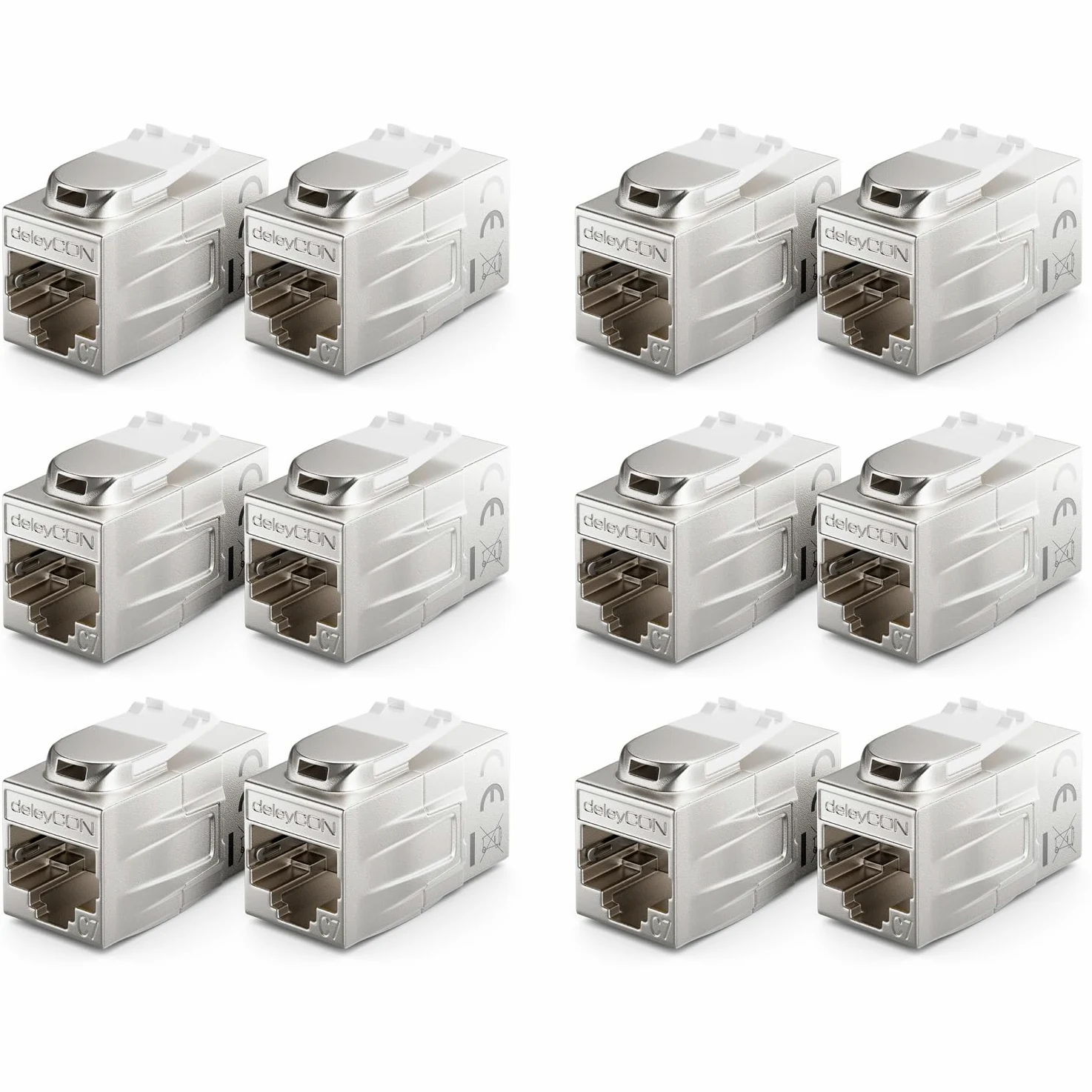 deleyCON 12 Pezzi CAT 7 Accoppiamento Keystone Metallo 2x RJ45 Jack Connettore per RJ45 Patch Cable 600 MHz 10 Gbps LAN DSL Ethernet e Utilizzabile Come Keystone - Argento