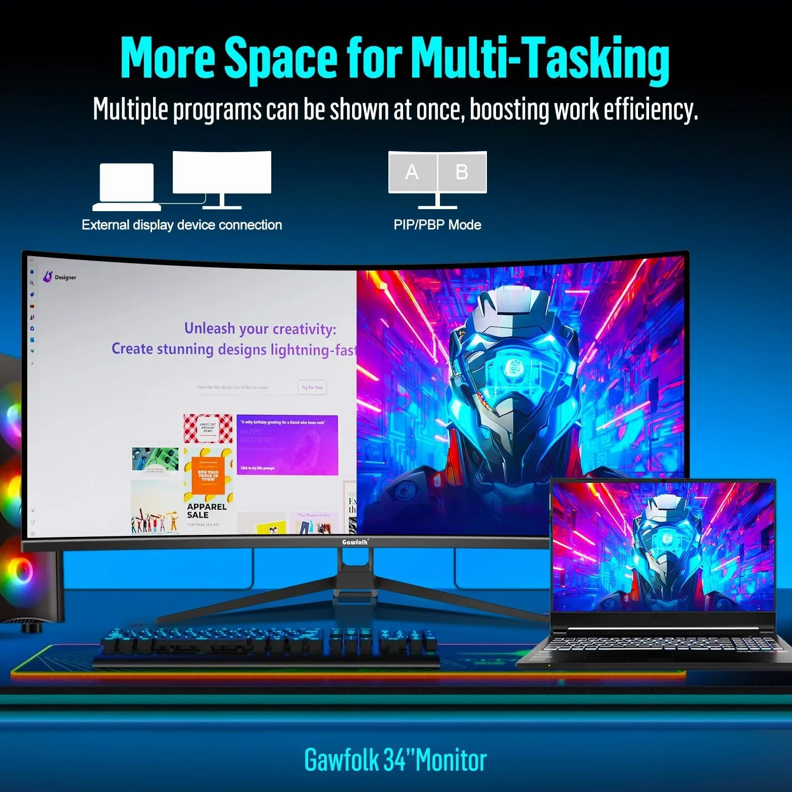 Gawfolk awfolk Monitor Gaming Curvo 34" Ultrawide, UWQHD 3440x1440, 165Hz, AMD FreeSync, VESA