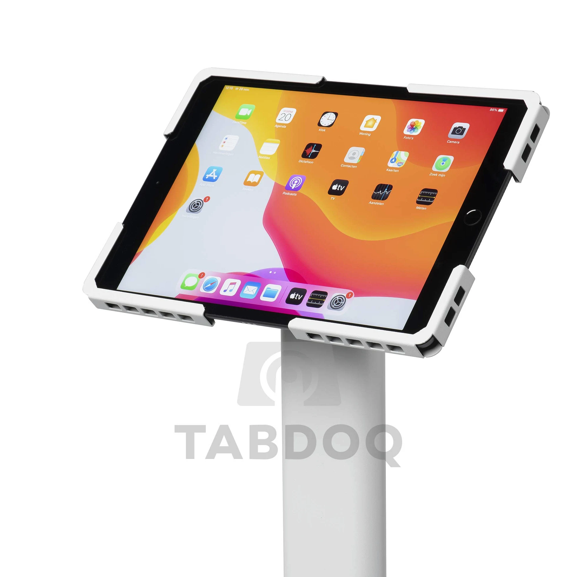 Supporto da pavimento universale per tablet regolabile 70–120 cm – per iPad e tablet 10–13 pollici – girevole, inclinabile, base stabile in metallo, gestione cavi, bianco