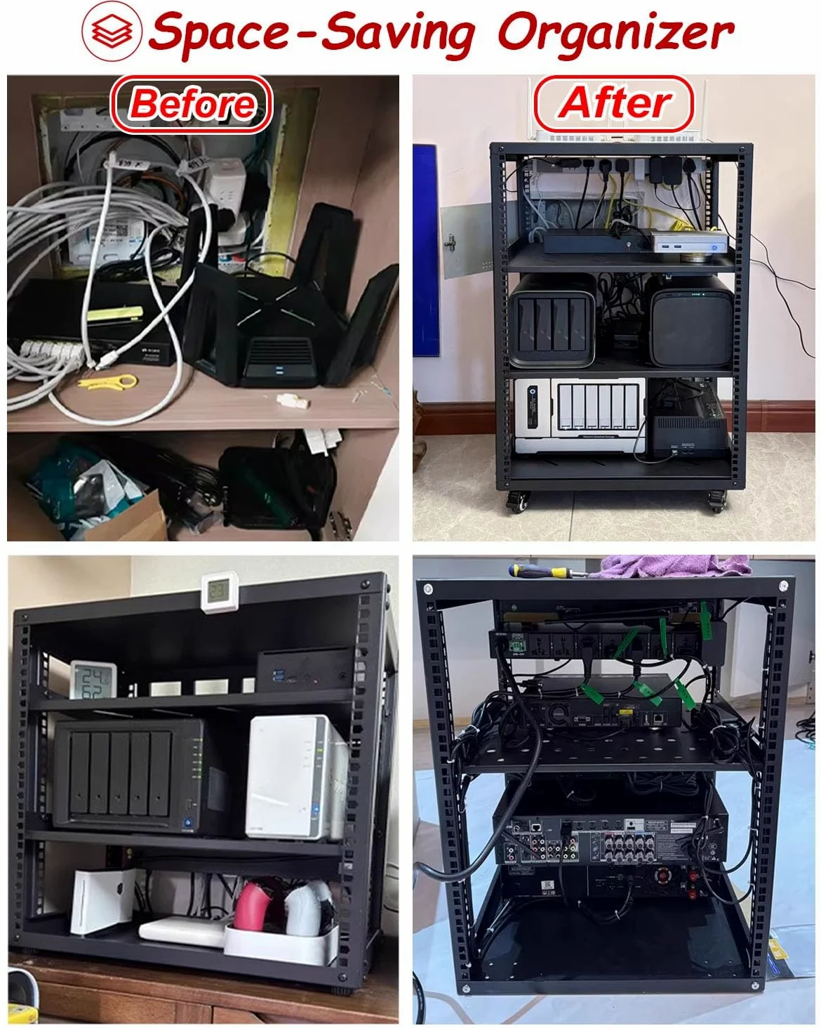 Vibeo Rack di Rete a Telaio Aperto Rack per Server Ventilato con Ripiani e 4 Ruote, Rack di Rete a Telaio Aperto 12U 16U 20U, Sistema Rack Audio per Apparecchiature di Rete da 48 cm(12U,1 Tier)
