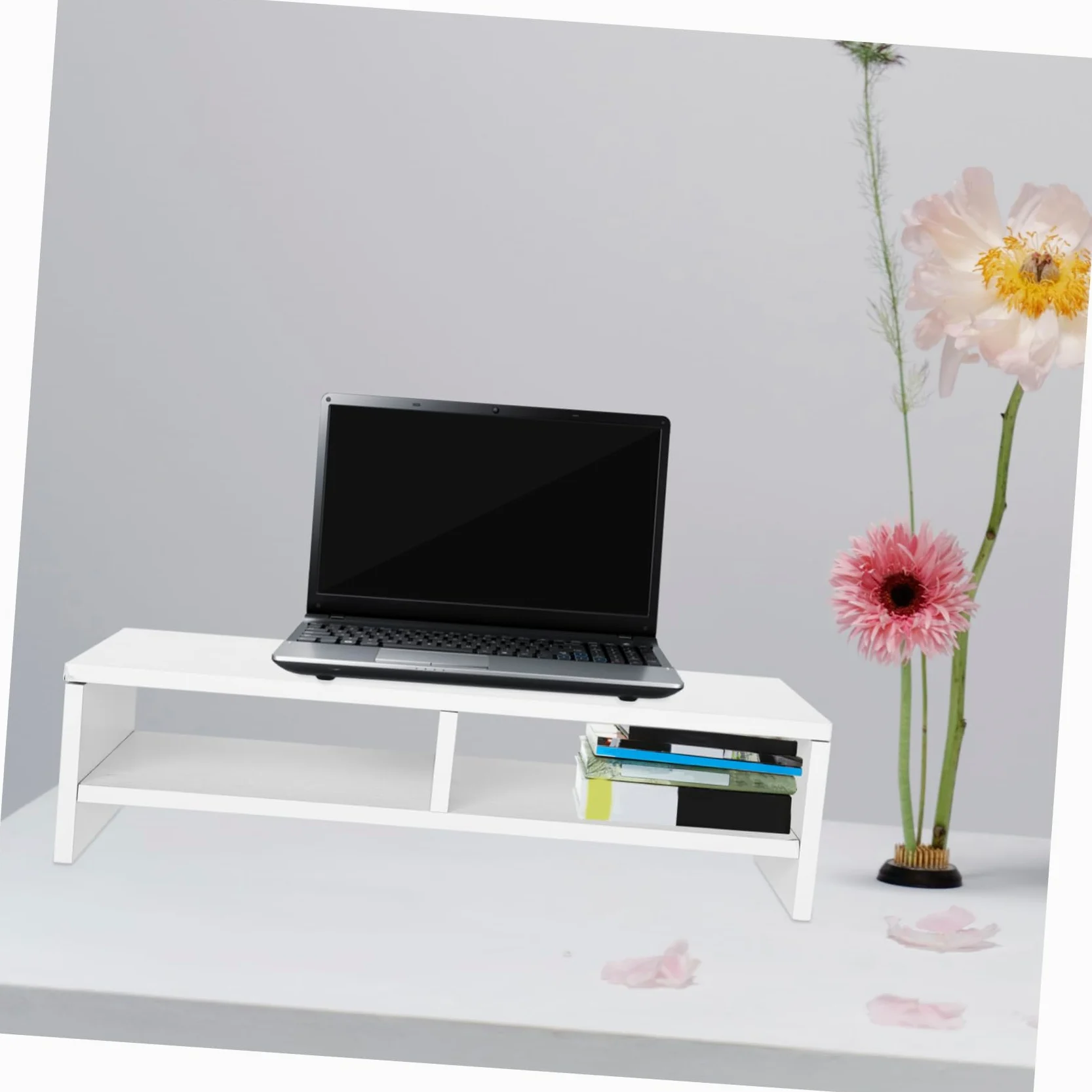 Supporto per Monitor da Scrivania in Legno Bianco Design a Doppio Strato, Rialzo per Computer e Laptop, Organizza Lo Spazio Ufficio in Modo Efficiente e Ordinato