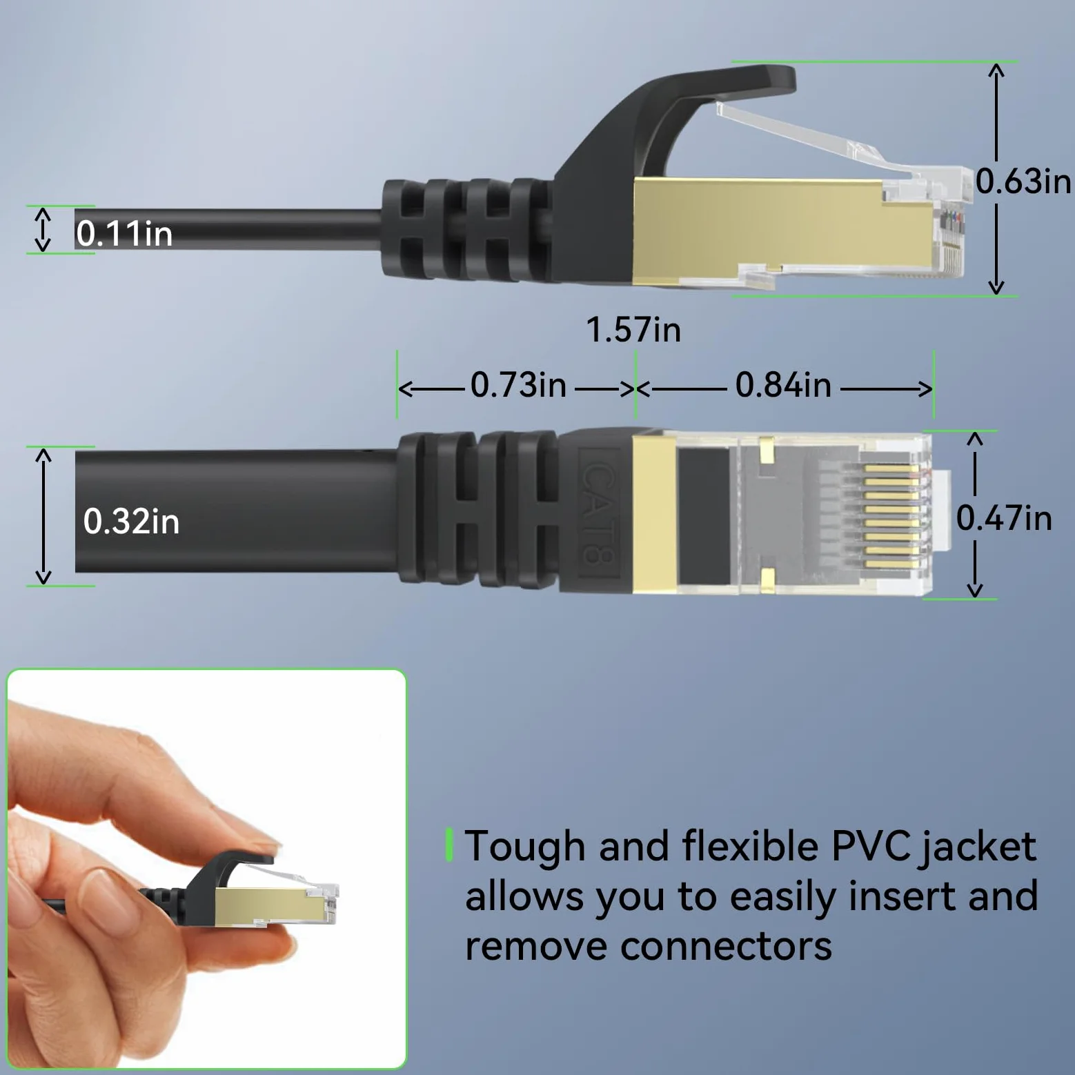 BUSOHE Cavo Ethernet Cat 8, cavo patch di rete Internet piatto ad alta velocità, 40 Gbps, 2000 MHz, cavo LAN schermato con connettore RJ45 placcato oro, per router, modem, interni ed esterni, nero