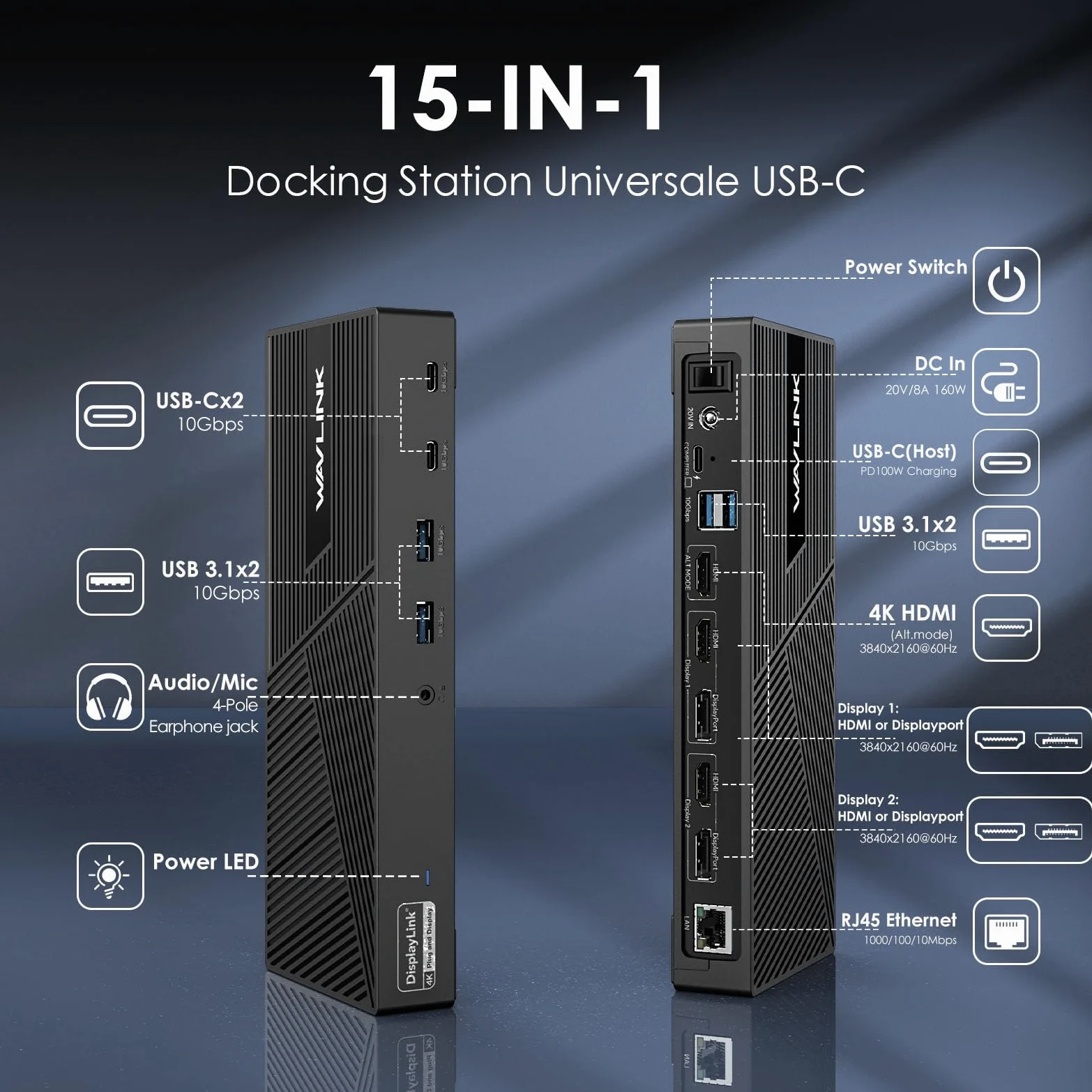 WAVLINK DisplayLink Docking Station 4K Tripla, 15-In-1 USB C Dock per Laptop, Compatibile con MacBook Neo, Triplo Monitor (3xHDMI+2xDP), 100W PD, 10Gbps, per Windows/Mac OS