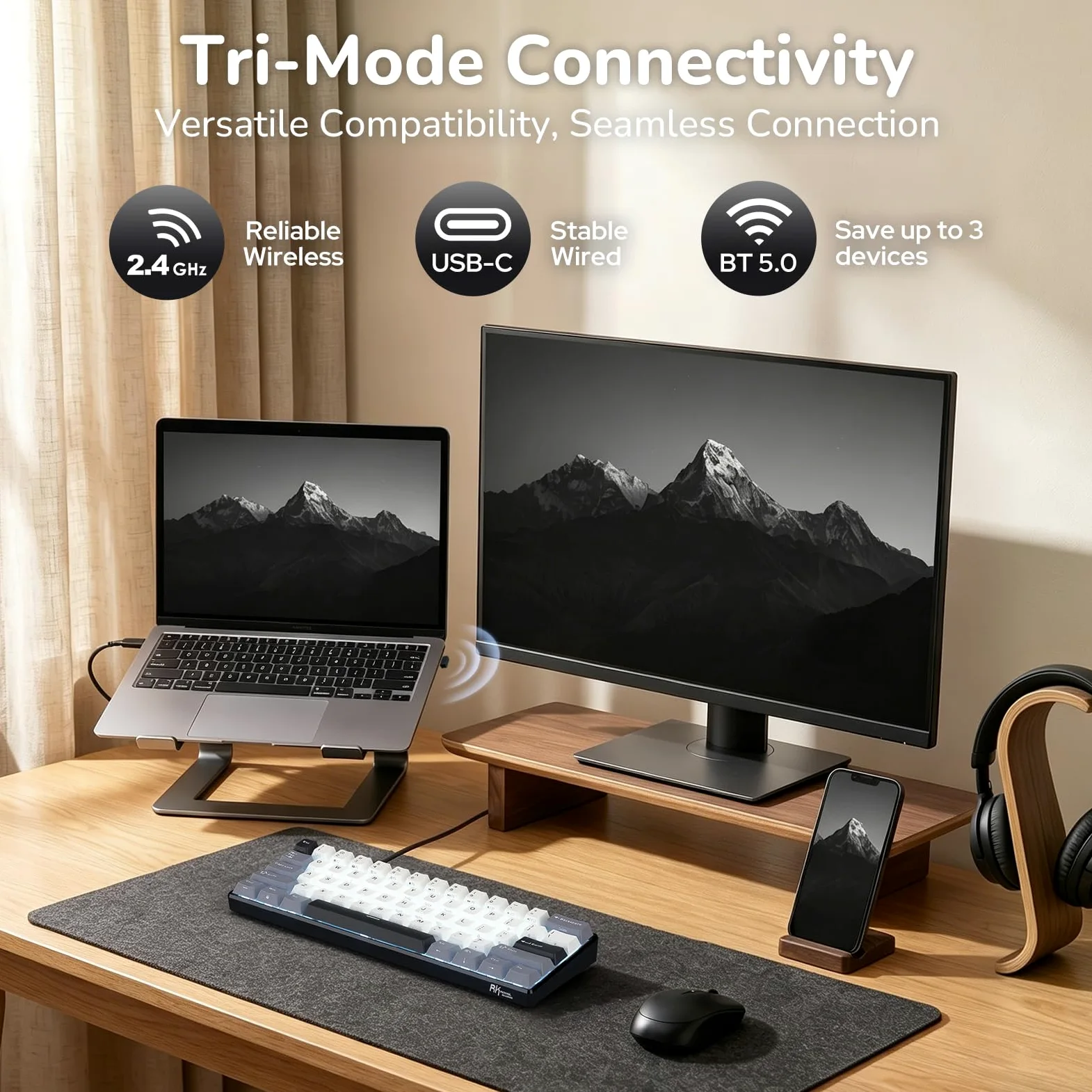 RK ROYAL KLUDGE RK61, tastiera meccanica wireless 60%, compatta, QWERTY | Tastiera da gioco compatta a 61 tasti, modalità tripla BT5.0/2.4G/USB-C, tasti PBT, software Pro, hot swap personalizzato