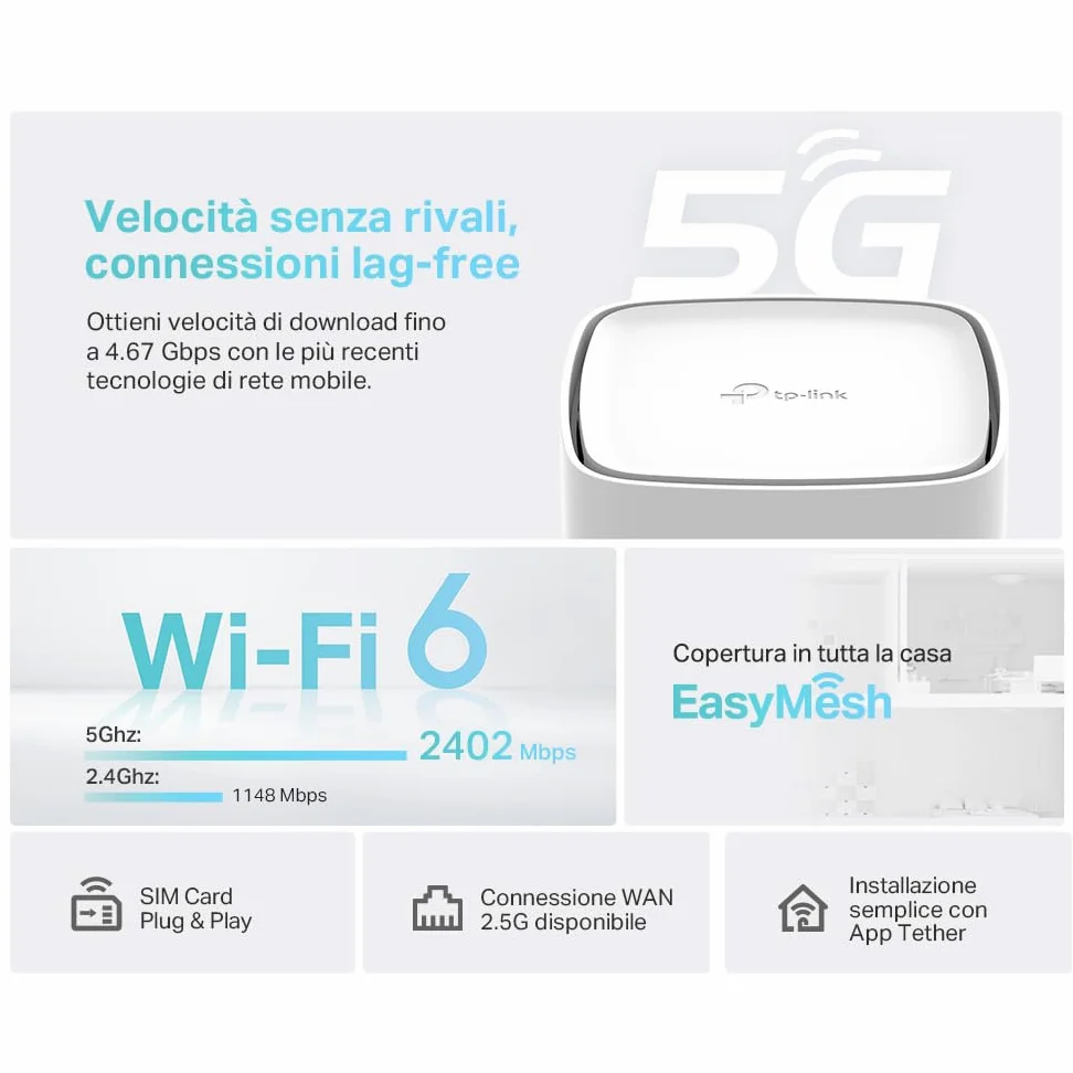 TP-Link Archer NX600 Router 5G Wi-Fi 6 AX3600Mbps Dual Band, Porta WAN/LAN 2.5G+2×Porte Gigabit LAN, Plug & Play, 4K-QAM, 8×5G/LTE, 2×Wi-Fi Antenne Interne, EasyMesh, HomeShield