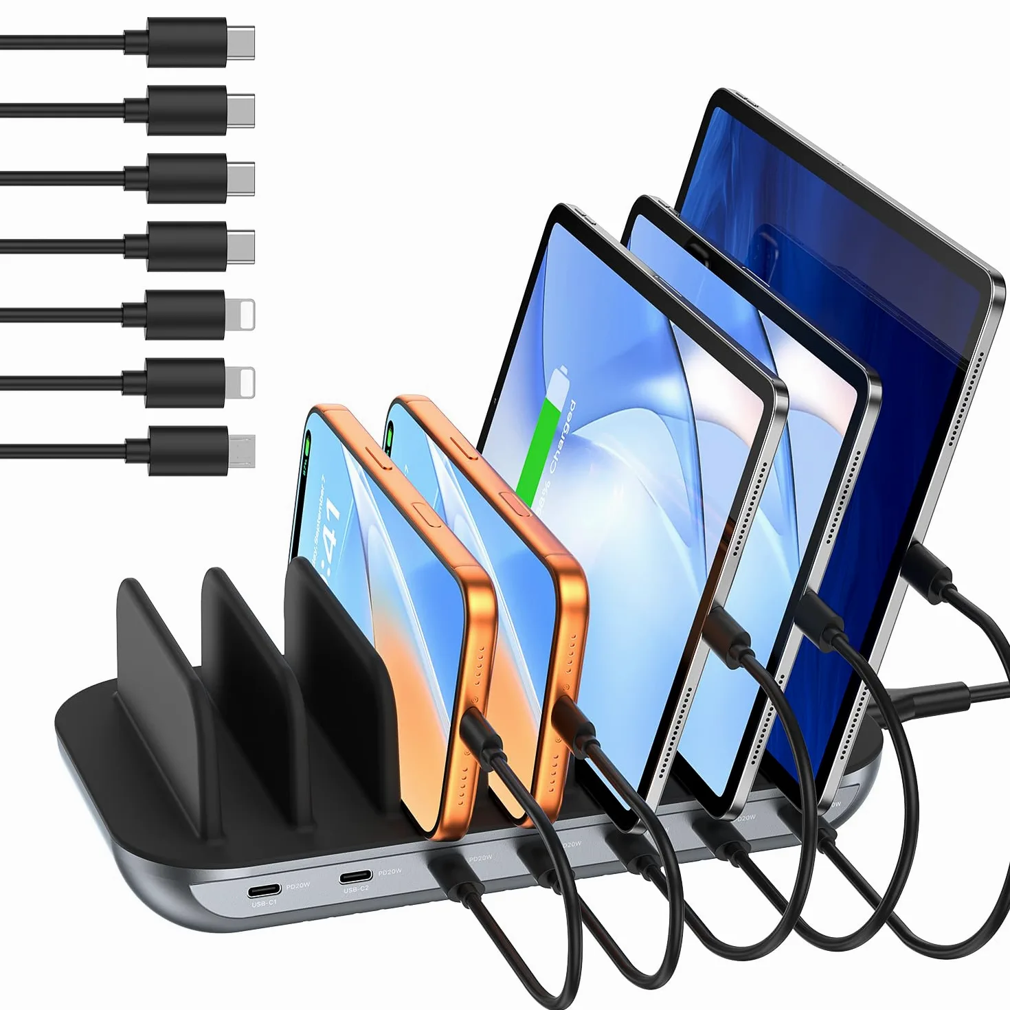 SooPii Stazione di ricarica USB C a 7 porte Premium da 140W per più dispositivi, ciascuna con ricarica rapida PD da 20W per telefono e tablet, 7 cavi misti inclusi, nero