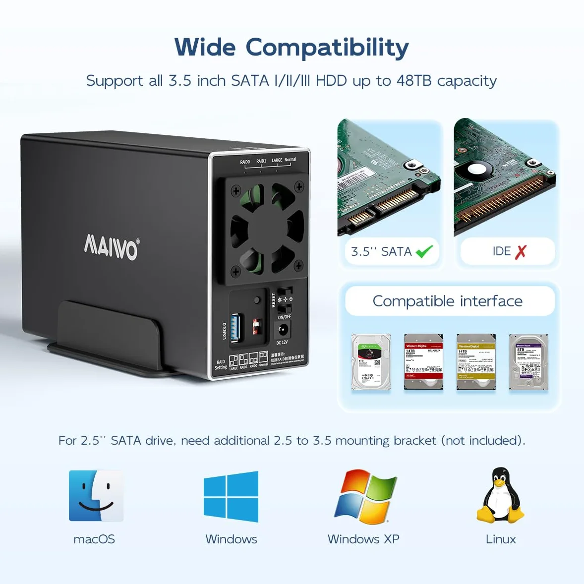 MAIWO Enclosure RAID per disco rigido a doppia baia con ventola di raffreddamento per SSD SATA da 2,5/3,5", alloggiamento HDD USB 3.0 da 5 Gbps, capacità 48 TB, RAID 0/1/JBOD/PM, custodia in alluminio