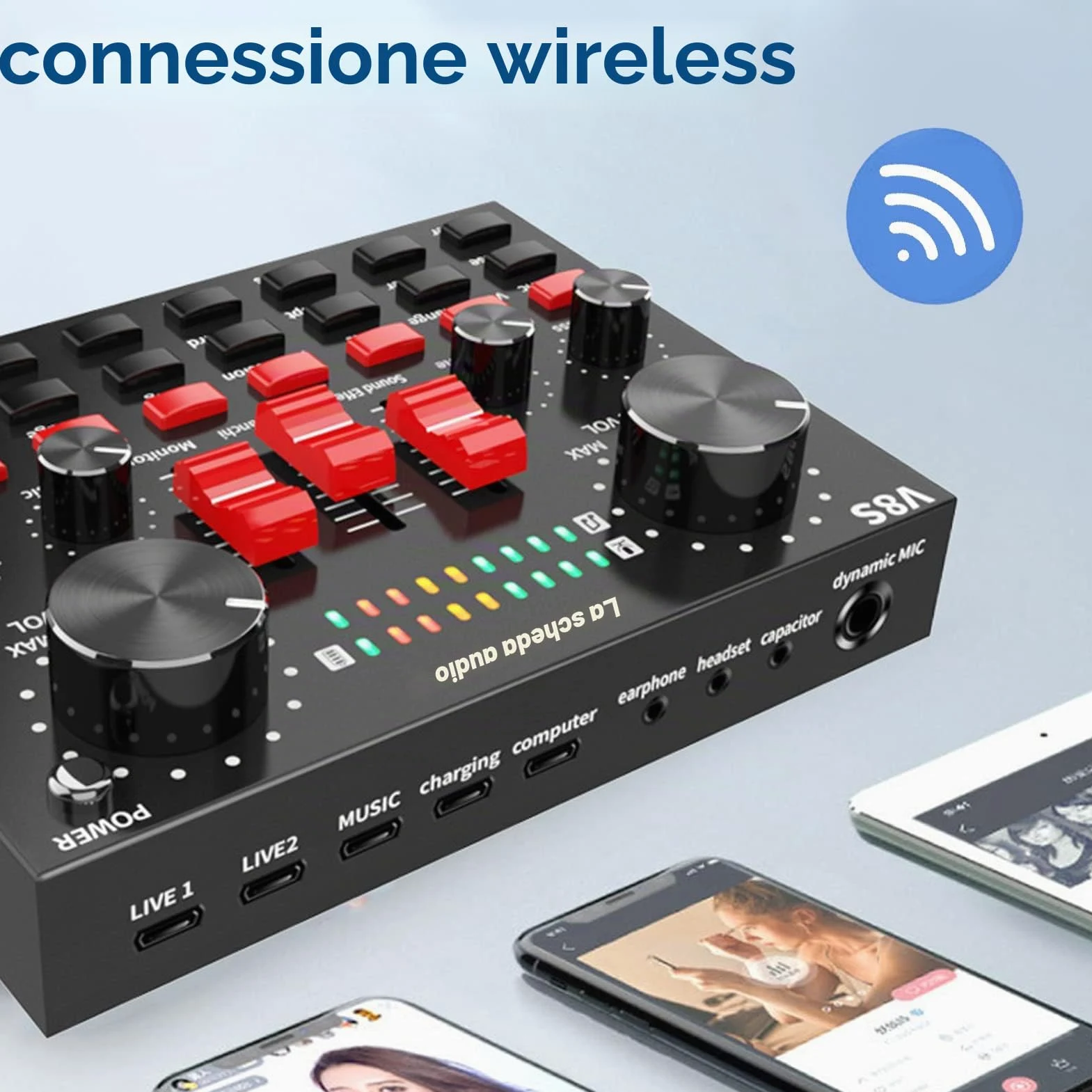 Scheda Audio Live, 16 Effetti Sonori V8S Voice Changer Scheda Audio Connessione Wireless, 8 modalità Divertenti, Scheda Mixer Audio per Karaoke, Design Leggero