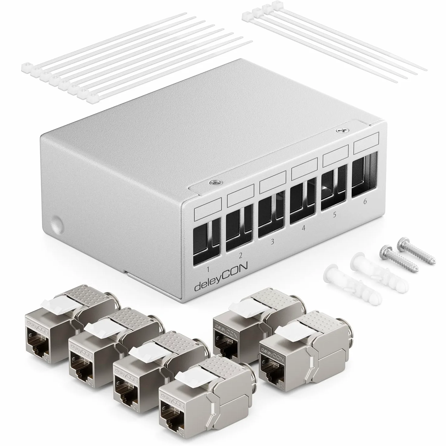deleyCON Patch Panel 6 Porte Set Sezionatore 1RU + 6 Moduli Keystone Jack RJ45 STP CAT6a Compatibile con Cavo di Installazione CAT5 CAT6 CAT6a CAT7 Cavo di Rete Ethernet LAN DSL - Grigio