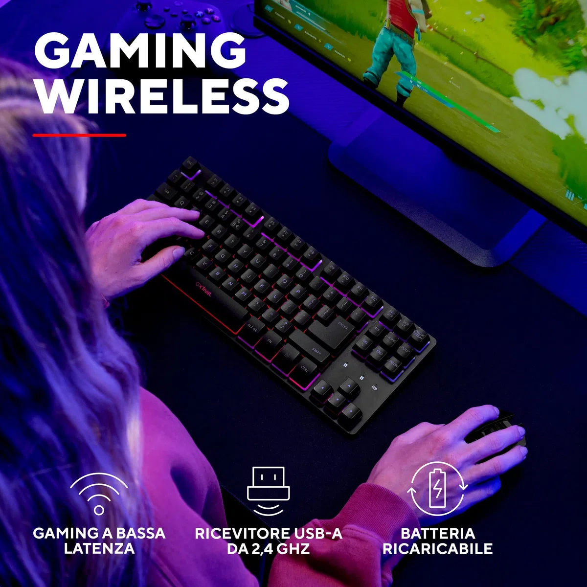 GXTrust 1831 Dothix Tastiera Gaming Wireless TKL Italiano QWERTY, Design Compatto, RGB 2.4GHz, Batteria de 420 Ore, Tastiera Ricaricabile Retroilluminata LED, Keyboard 80% per PC Laptop, Nero