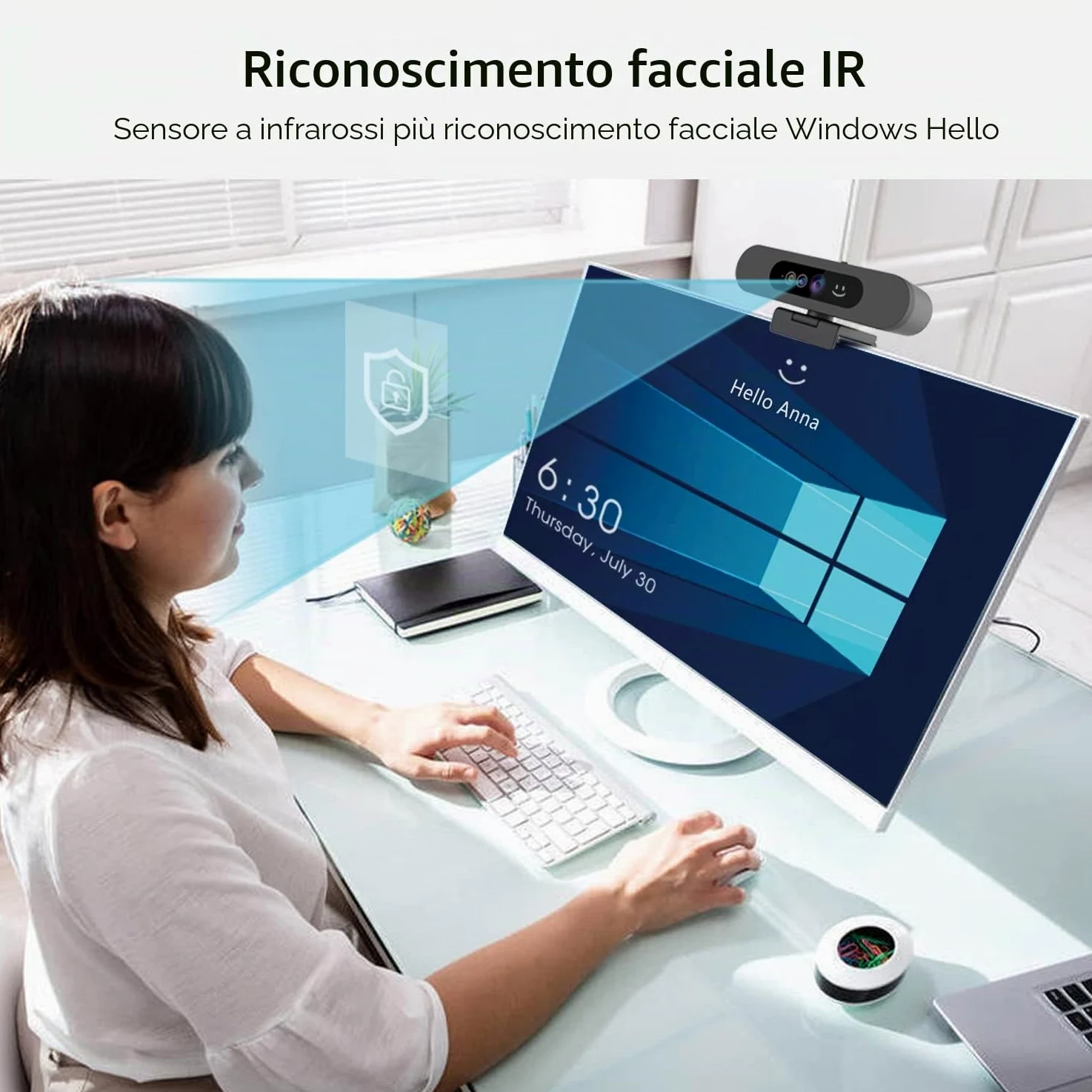 TOALLIN Webcam 1080P per Windows Hello, Fotocamera per riconoscimento facciale, Web cam compatibile con Windows Hello con microfono, Fotocamera per computer, Webcam grandangolare per videochiamate