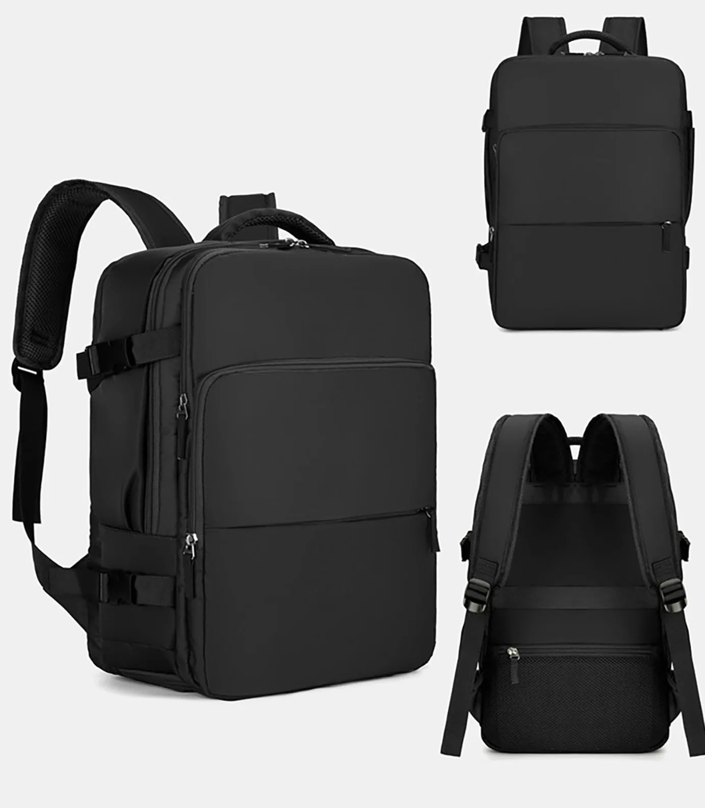 Zaino da viaggio, zaino per laptop di grande capacità con scomparto per scarpe, borsa da viaggio nera resistente all'acqua con cinghie traspiranti