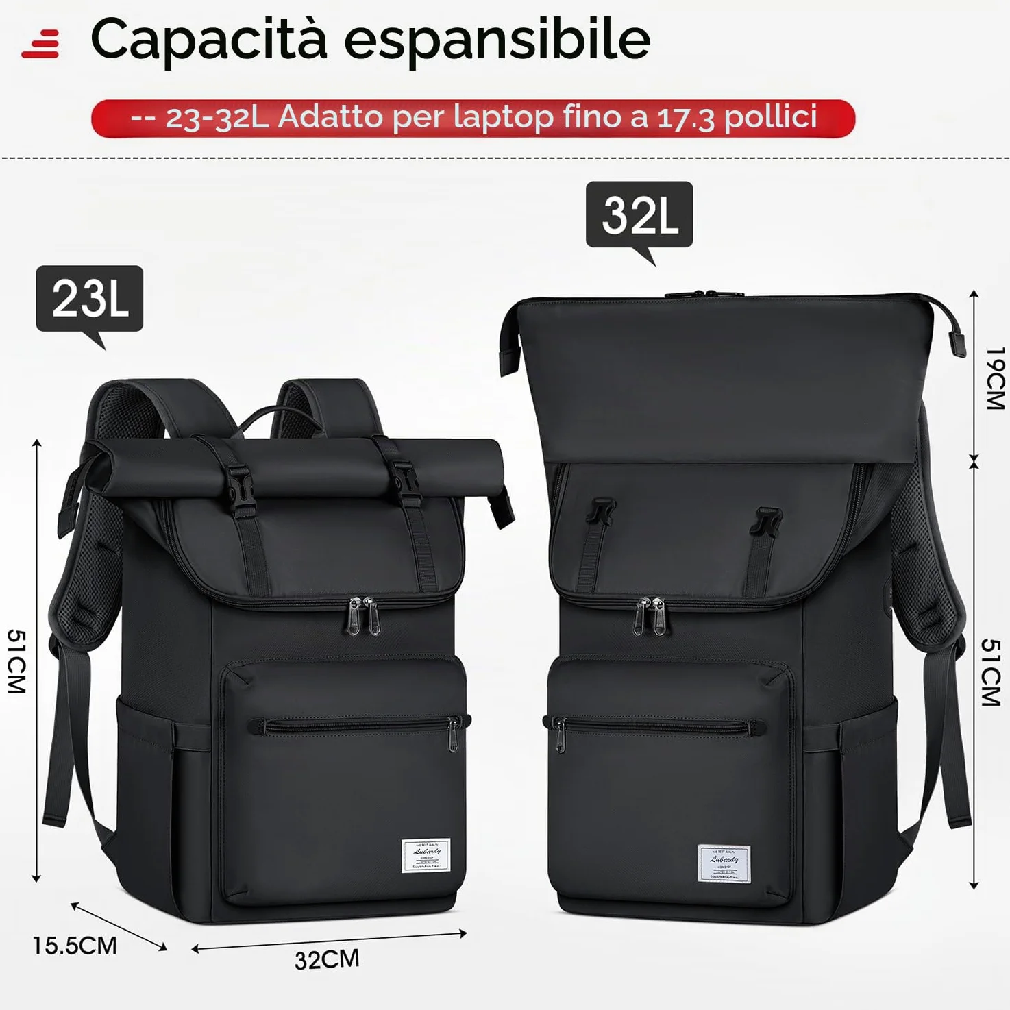 Lubardy Zaino Porta PC 17 Pollici per Uomo e Donna Zaino da Viaggio | con Foro USB, Scomparto per Laptop e Cinghie per Bagagli, per Università, Lavoro, Escursioni