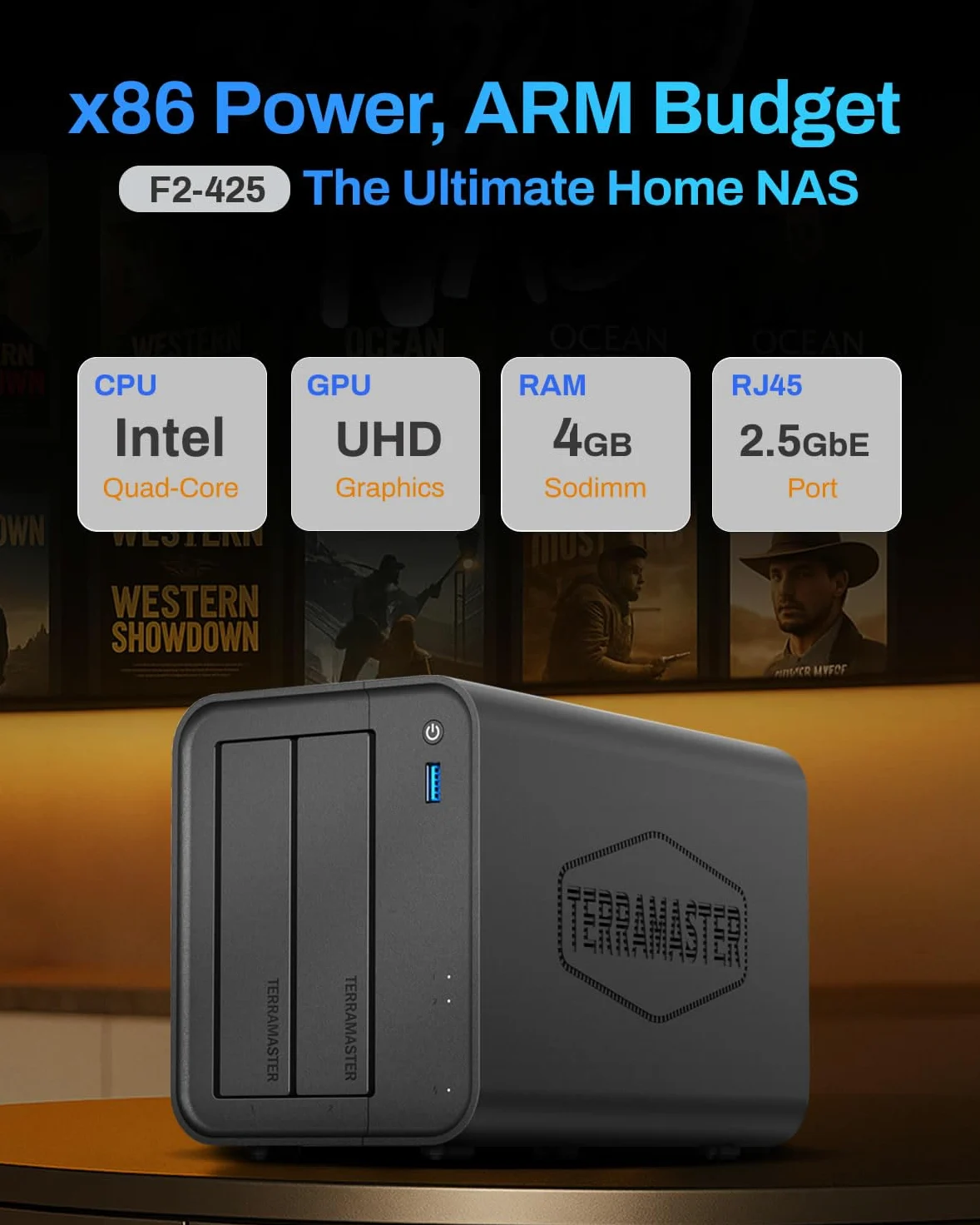 TERRAMASTER F2-425 2-Bay NAS Storage -Intel x86 Quad-Core CPU, 4GB RAM, 2.5GbE LAN, Network Attached Storage Multimedia Server per Utenti Domestici (Diskless)