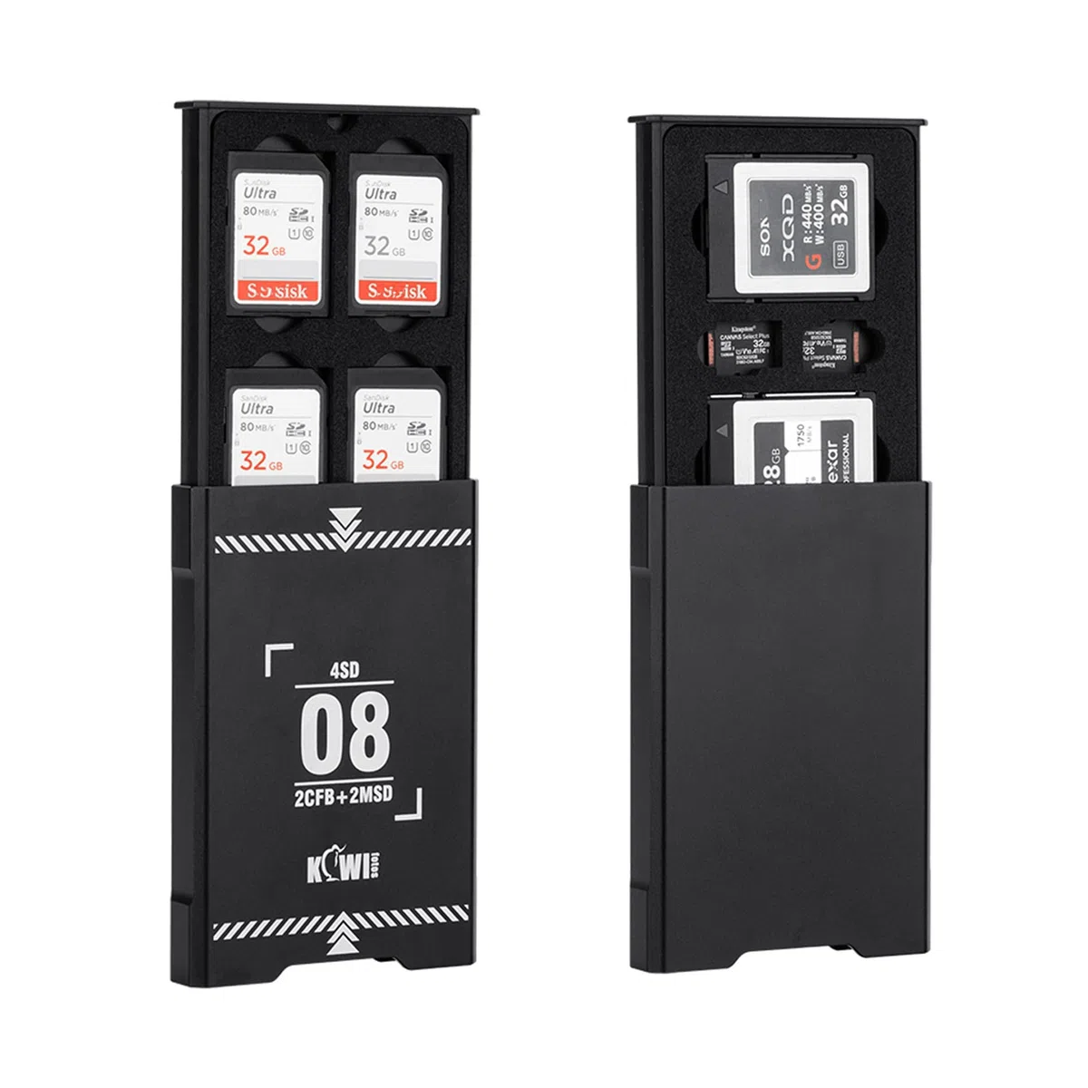 KIWIFOTOS Custodia per schede di memoria estraibile, in alluminio, con 8 scomparti, porta schede Micro SD, 4 schede SD e 2 CF Express Type-B o XQD e 2 micro SD
