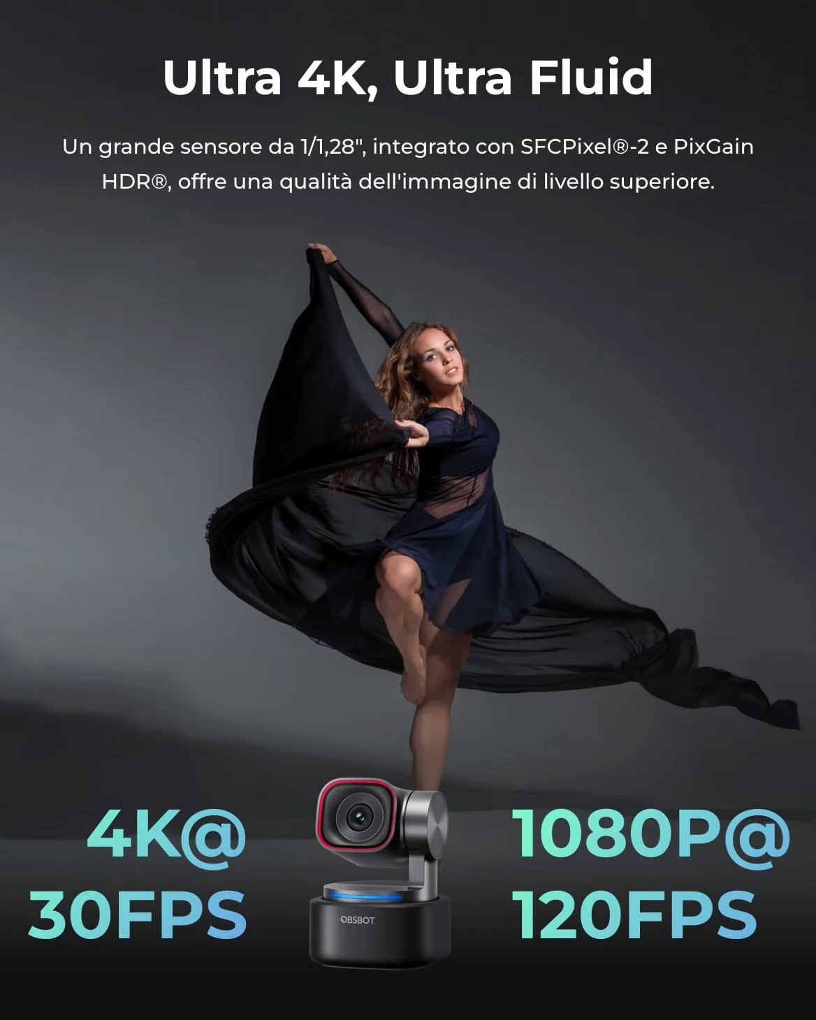 OBSBOT Tiny 3 AI-Powered Spatial Audio 4K Webcam, AI Tracking PTZ Camera con Sensore 1/1,28", Tri-Mic, Sprach- & Gestensteuerung, 120FPS, HDR, Web cam per PC, Laptop, Streaming e Meeting, Switch 2