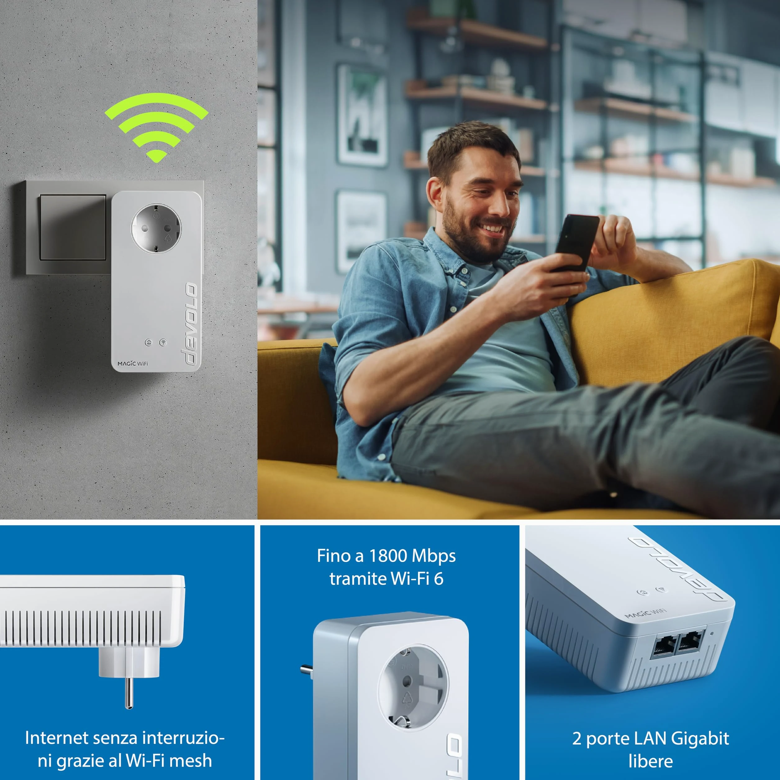 devolo Magic 2 WiFi 6 next Starter Kit, adattatore Wi-Fi Powerline, fino a 3.000 Mbps, presa Wi-Fi, 2 porte LAN Gigabit, bianco