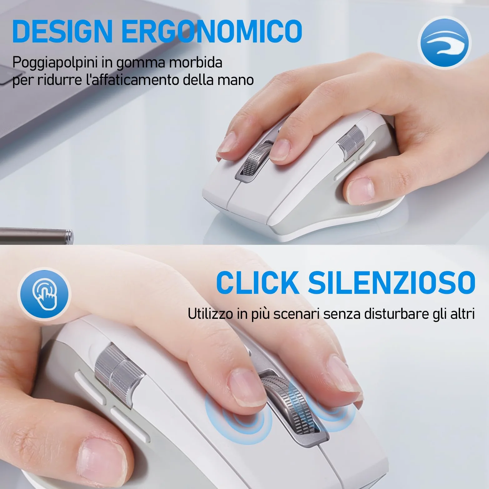 INFINMIND Mouse Bluetooth Senza Fili con Smart Flying Scroll, Rotellina ergonomica per il pollice, silenzioso per 3 dispositivi - Compatibile con Windows/Mac OS/Chrome/Android (Bianco)