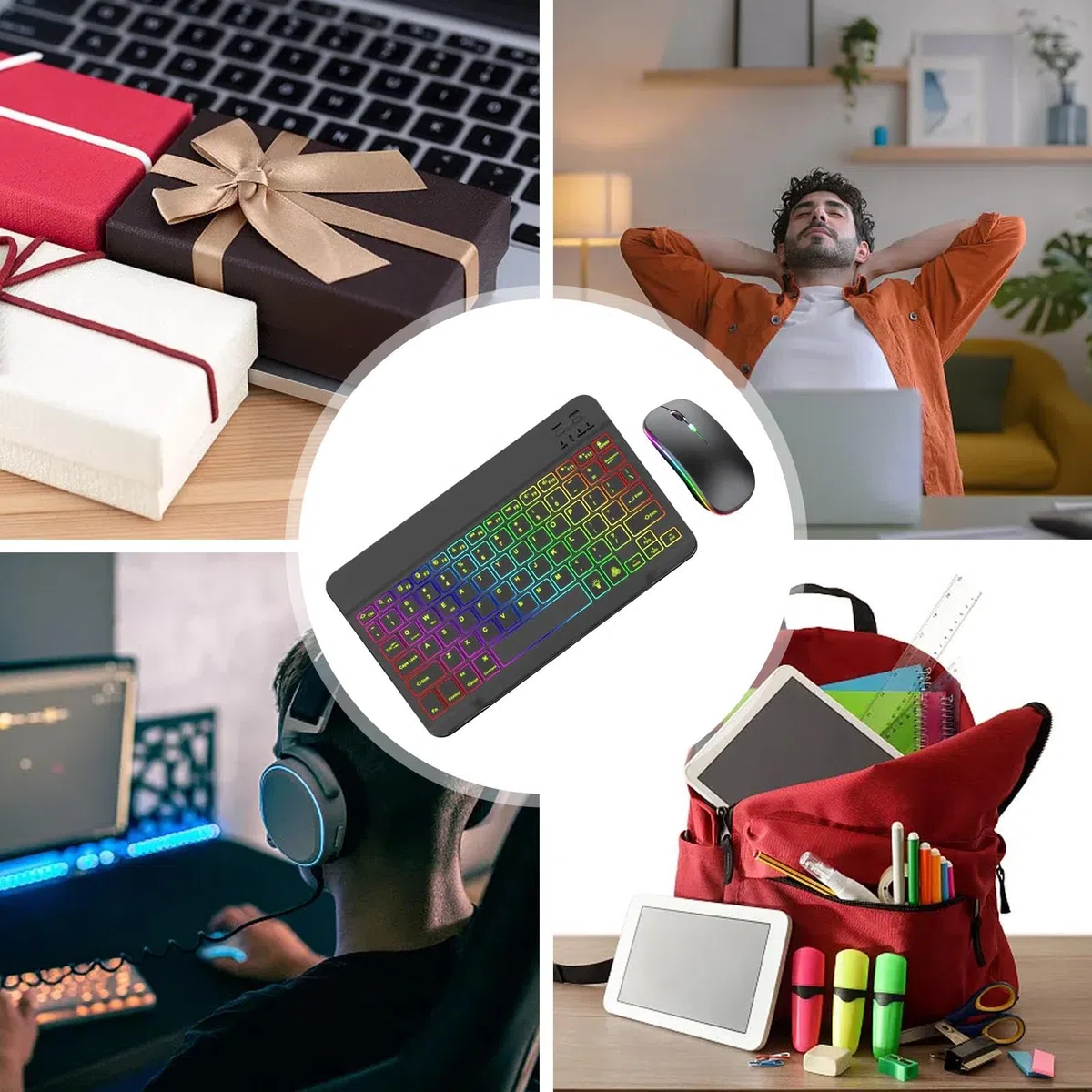 Tastiera wireless e retroilluminazione del - 2 modalità di luce tastiera con set di RGB a 7 colori | Tastiera ergonomica e combo del per laptop, PC e tablet, elegante e funzionale pe