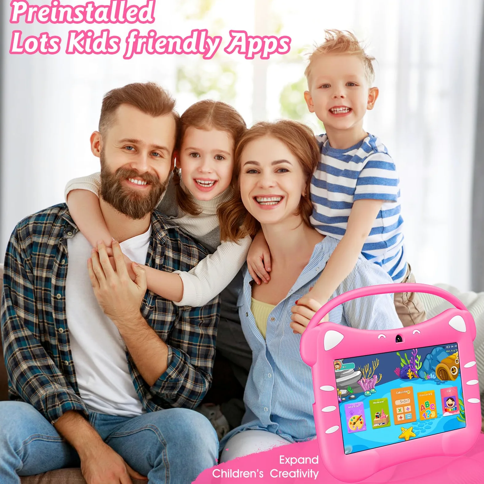 Tablet Educativo per Bambini 7 Pollici Android Tablet Bambini con WiFi Bluetooth Doppia Fotocamera 32GB ROM Controllo Parentale Custodia Protettiva (Magenta)