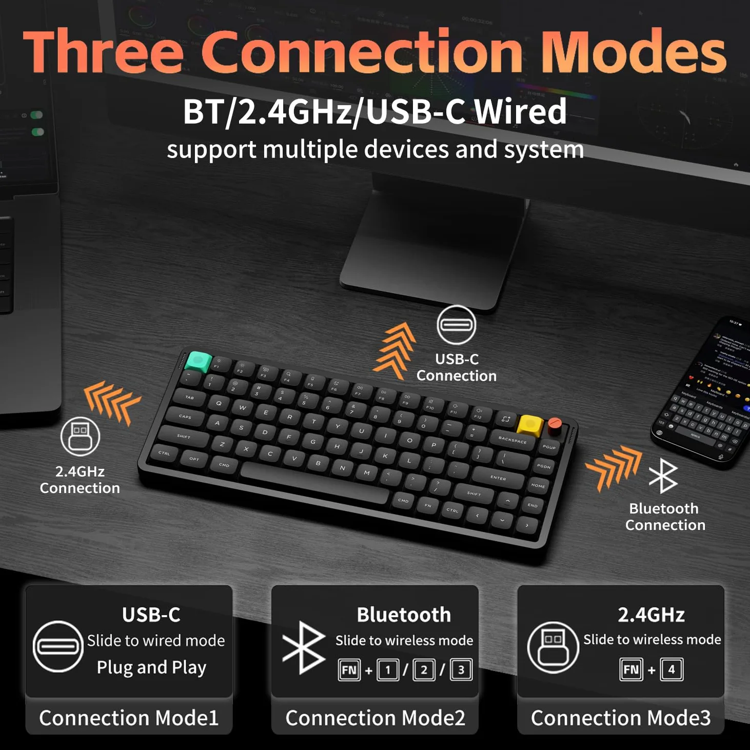 nuphy Air75 V3 Tastiera meccanica wireless sostituibile a caldo, 84 tasti, 75% tastiera a basso profilo personalizzata con manopola, retroilluminazione RGB, assemblata a giunto, compatibile con
