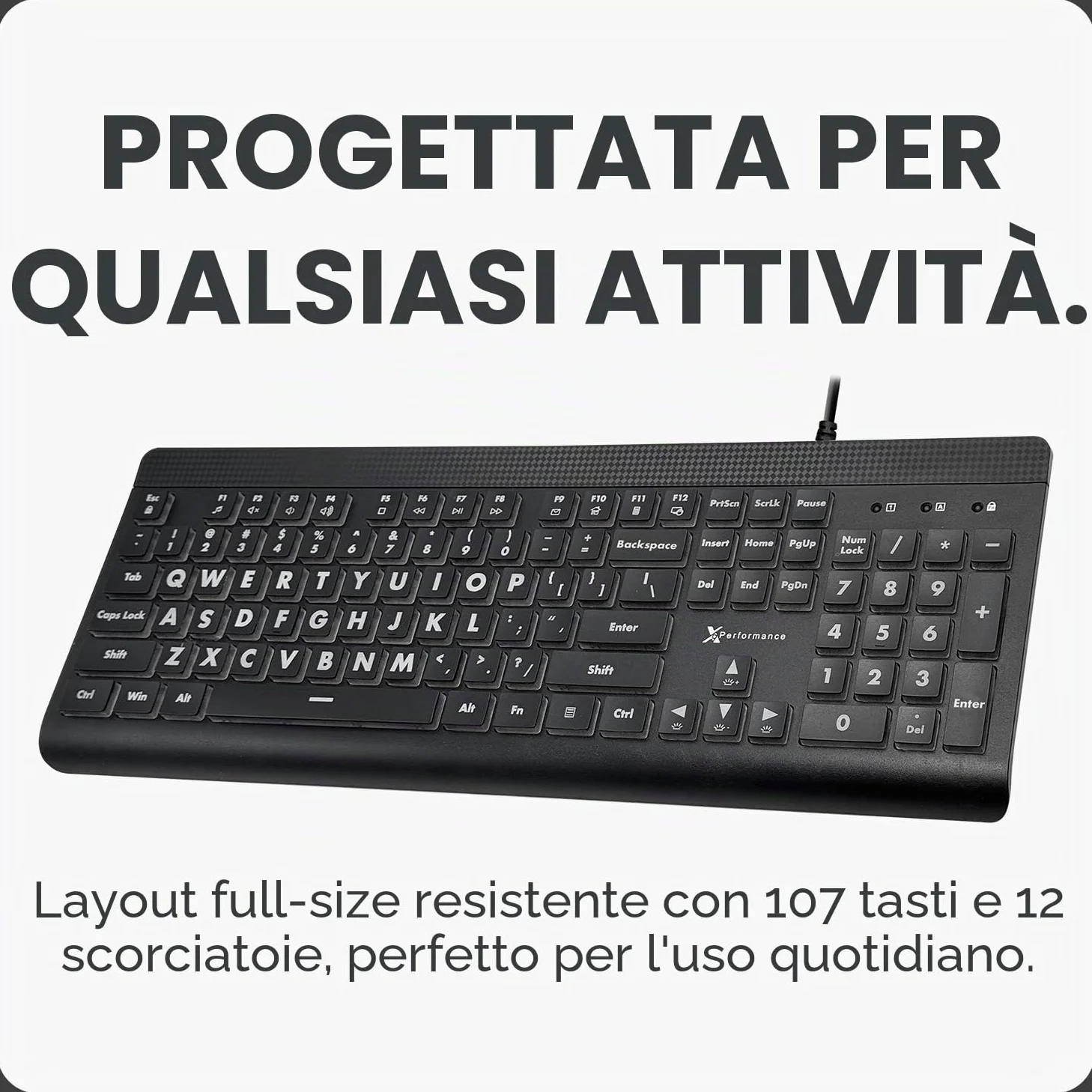X9 Performance Tastiera retroilluminata di grandi dimensioni, facile da vedere, con cavo USB, layout a 107 tasti, 7 LED a colori, tastiera grande per ipovedenti, per PC Windows