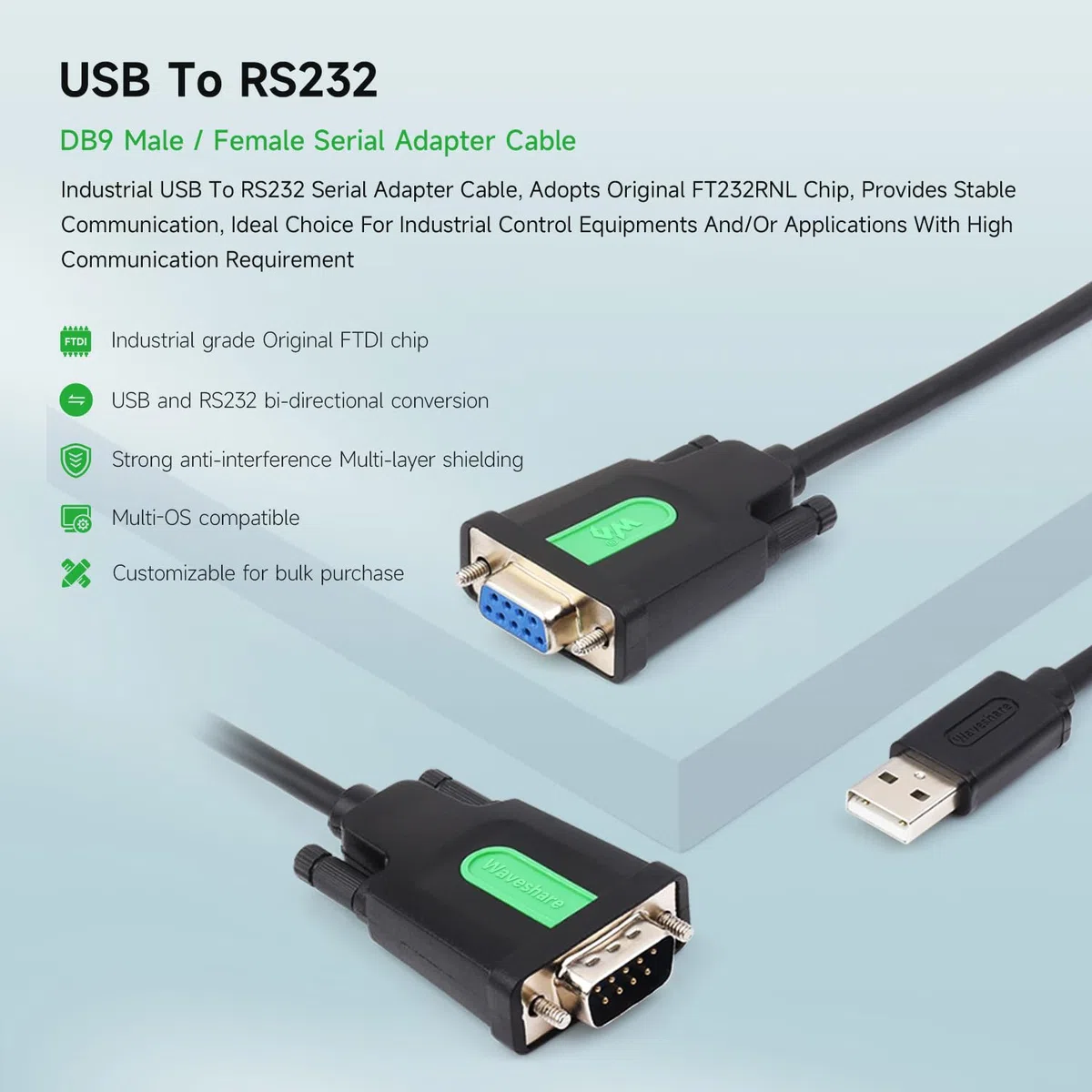 Waveshare Industrial USB to RS232 Adapter with Original FT232RL FTDI Chip,USB Type A to RS232 Male DB9 (9Pin) Serial Converter Cable for Cashier Register,Modem,Scanner,Digital Cameras, 5FT/1.5m
