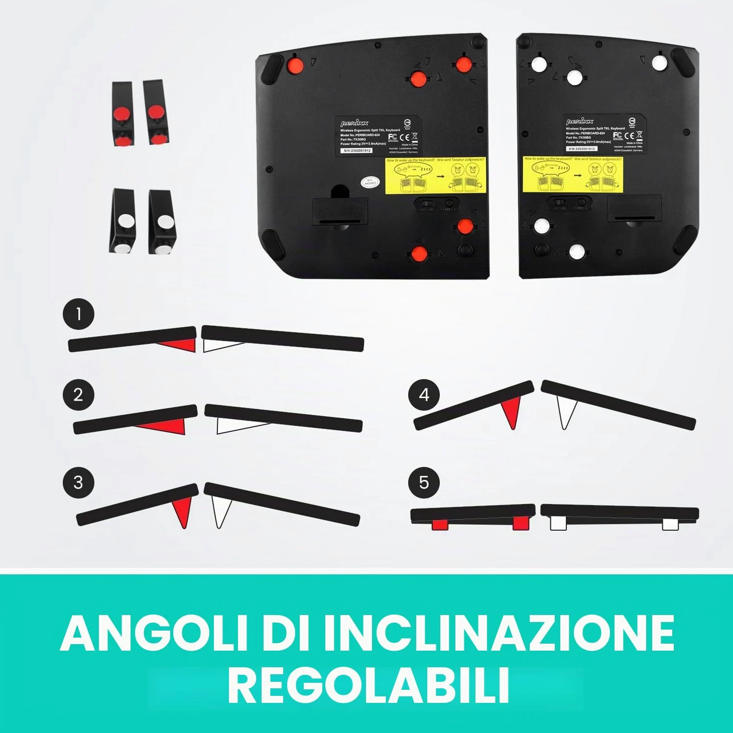 Perixx PERIBOARD-624B - Tastiera ergonomica senza fili, design split, TKL, inclinazione regolabile, layout QWERTZ, colore: Nero