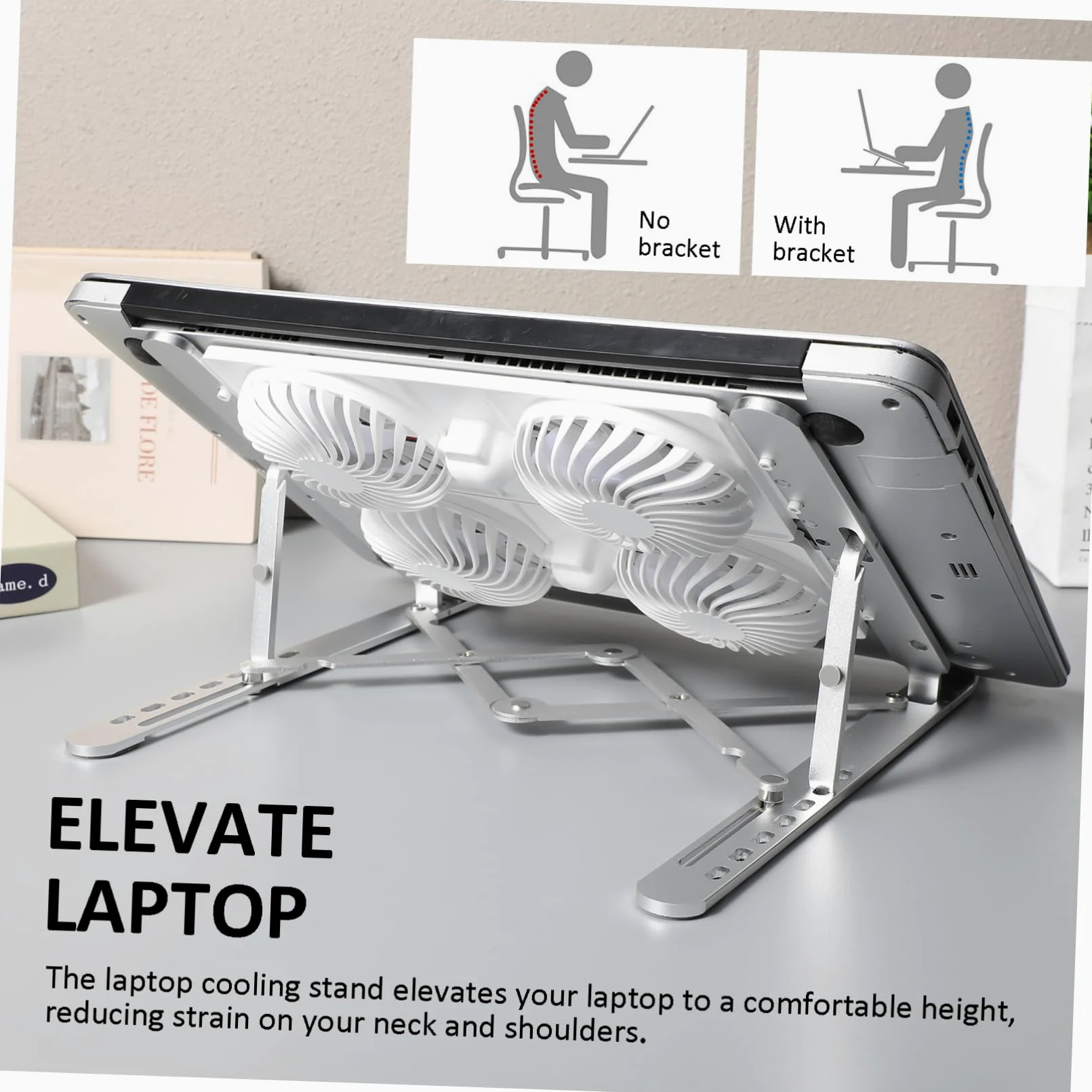 Laptop Cooler Stand Argento Lega di Alluminio Ventola, Atmosfera Estiva | Supporto Pieghevole, Silicone Antiscivolo, Alimentazione Usb, 3w, 0.6a