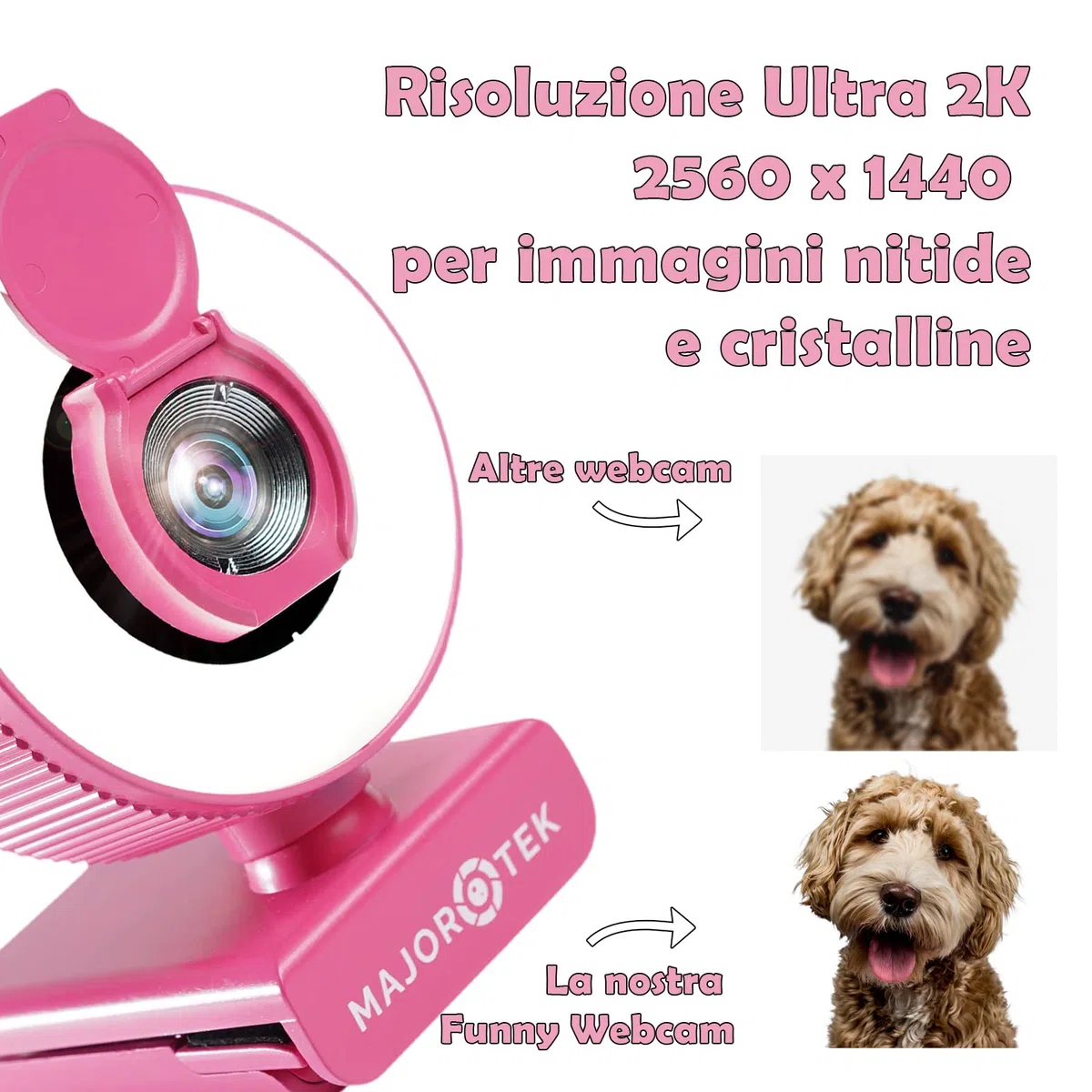Web cam 2K Ultra Risoluzione Funny Webcam Pink Certificazione CE e ROHS Luce Led Regolabile Ad Anello Privacy Cover Treppiede Webcam Pc con Microfono