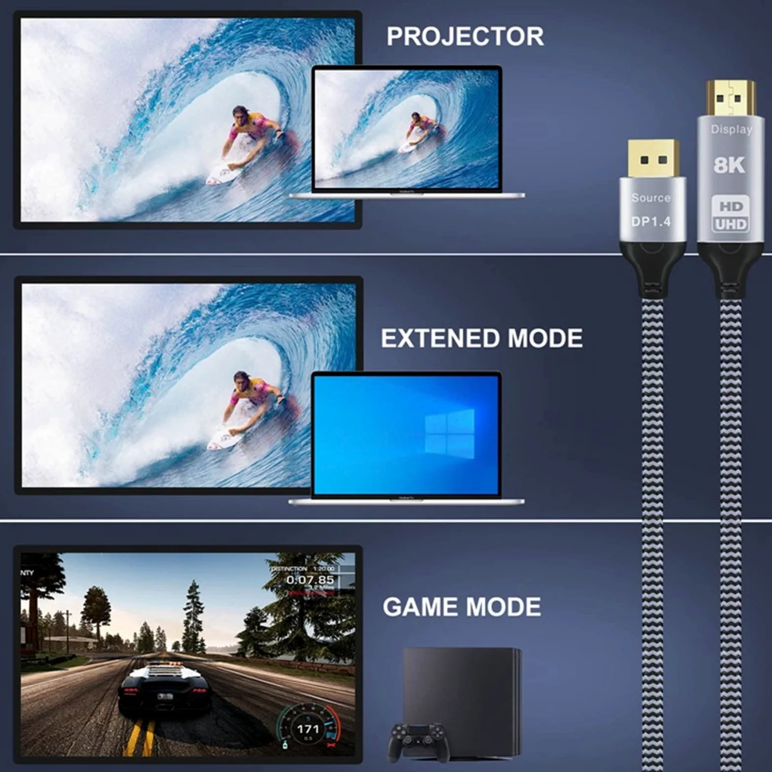 Septpenta Interfaccia Multimediale da Displayport 1.4 a HD, 8K 30Hz O 4K 120Hz, Supporto Modalità Mirror Ed Espansione, Guscio in Alluminio Connettore Placcato Oro, Lunghezza 6 Piedi