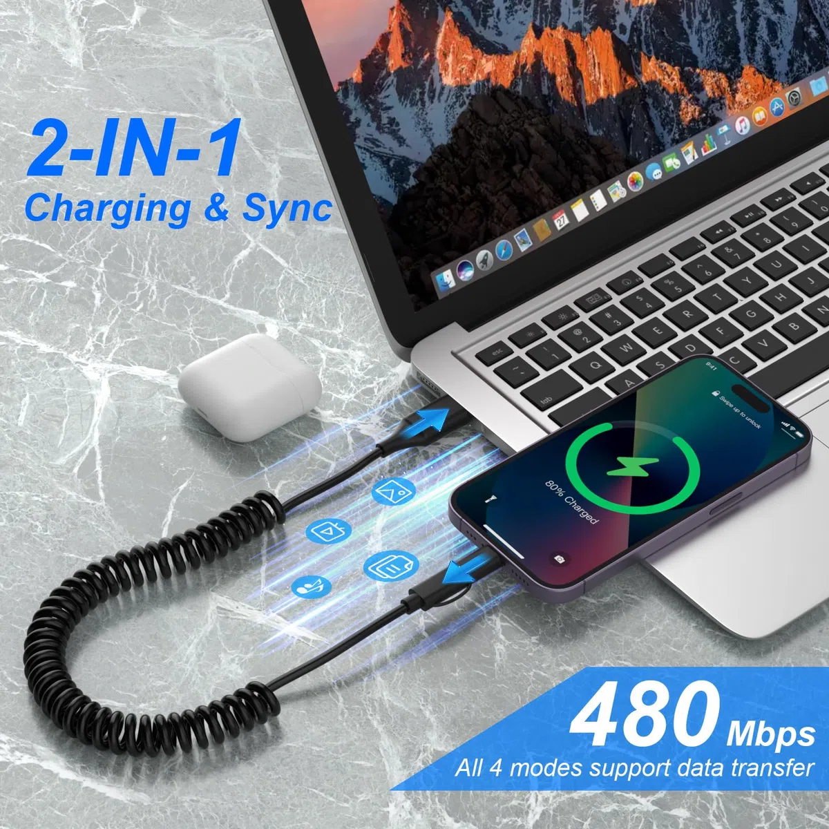 Cavo USB C e Lightning 4 in 1 [Certificato MFi] iPhone CarPlay e Android Auto, ricarica rapida e sincronizzazione dati da 60 W, cavo di ricarica multiplo a spirale per iPhone/Android/iPad/laptop