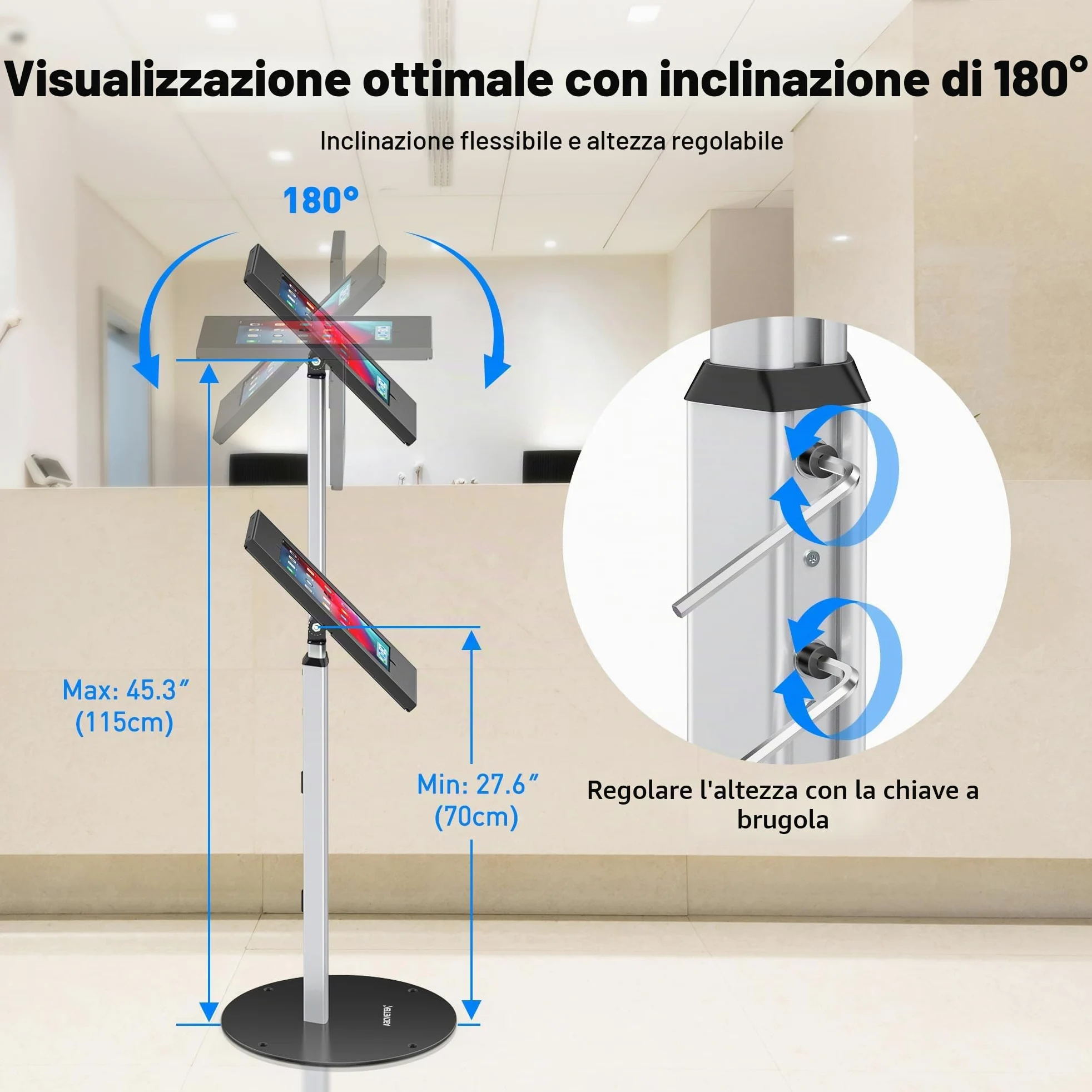 AboveTEK Supporto da Pavimento Antifurto per iPad, Piedistallo per Tablet POS ad alta Sicurezza, Custodia di Sicurezza Regolabile in Altezza con Serratura e Meccanismo a Chiave per iPad Air Pro