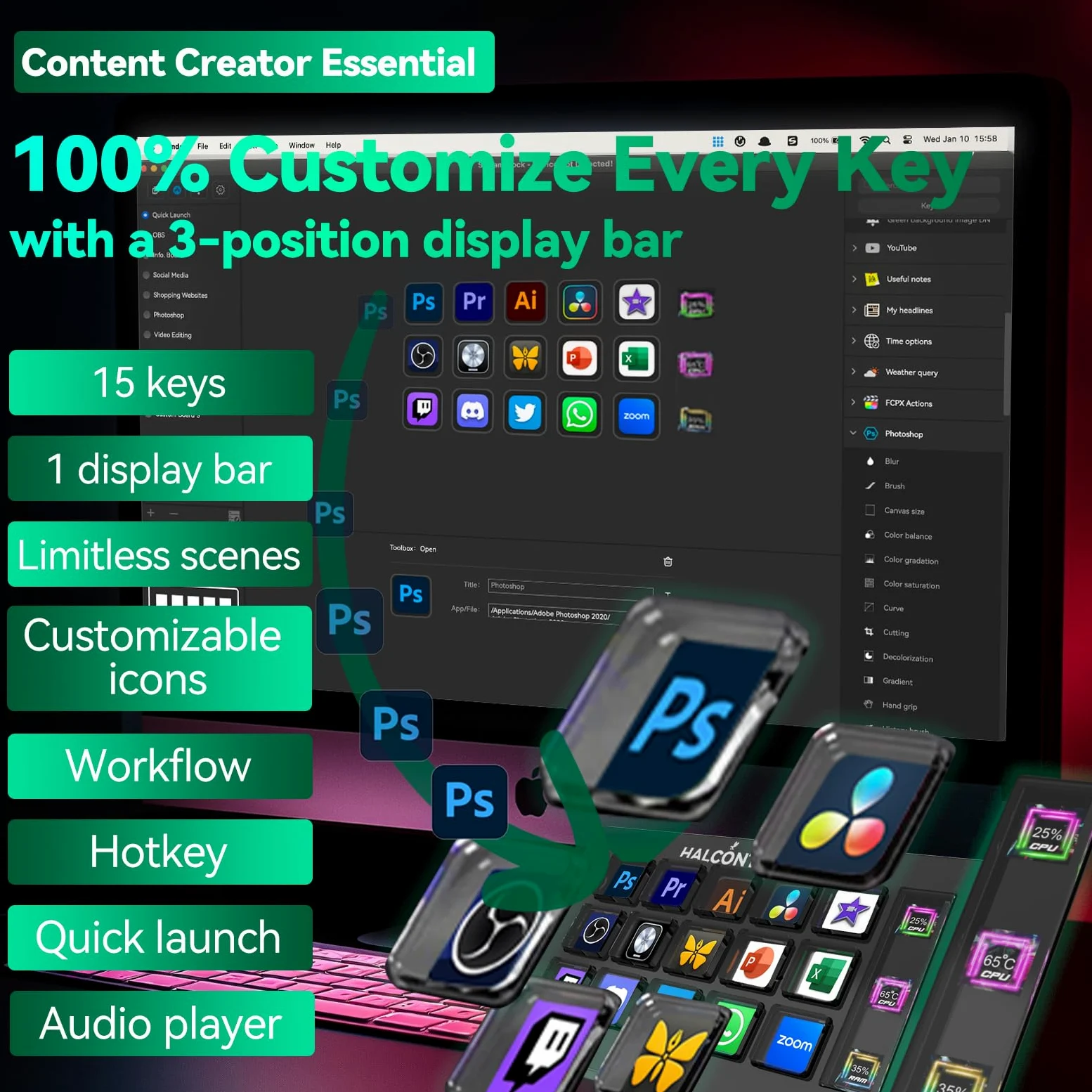 HALCONTORNO Stream Dock Slim - Steamdeck per PC Mac, Controller di streaming cablato per creatori di contenuti, tastiera macro programmabile, configurazione di gioco in streaming, OBS Studio YouTube