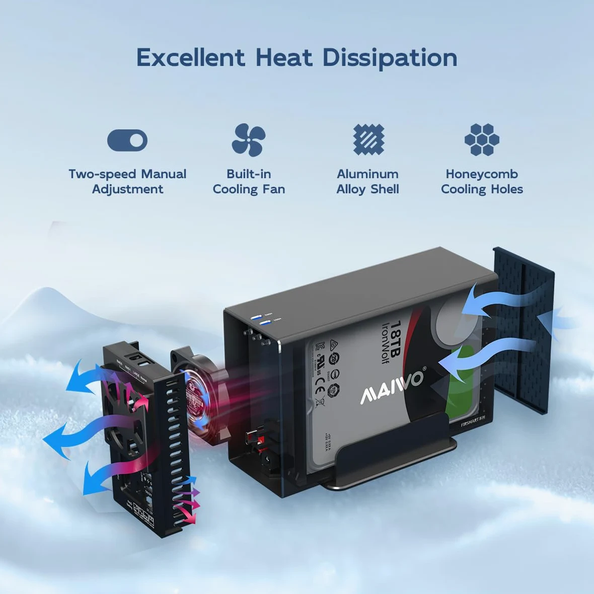 MAIWO Enclosure RAID per disco rigido a doppia baia con ventola di raffreddamento per SSD SATA da 2,5/3,5", alloggiamento HDD USB 3.0 da 5 Gbps, capacità 48 TB, RAID 0/1/JBOD/PM, custodia in alluminio